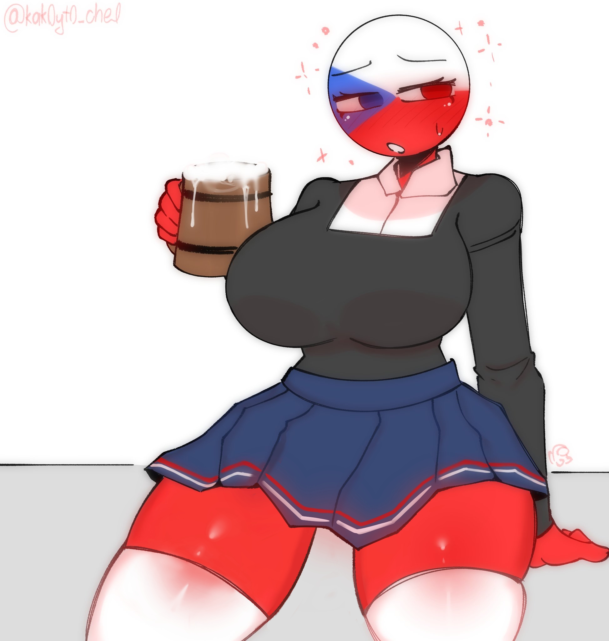 1girls, amogus, ass, beer, big ass, big breasts, big thighs, blush, breasts, clothed, clothing, countryhumans, countryhumans girl, czechia, czechia (countryhumans), drunk, edit, female, female only, humanoid, intoxicated, kak0yt0 chel edit, kak0yt0 chel style, mostly clothed, mug, pppp1ngu, red body, simple background, skirt, tagme, thighhighs