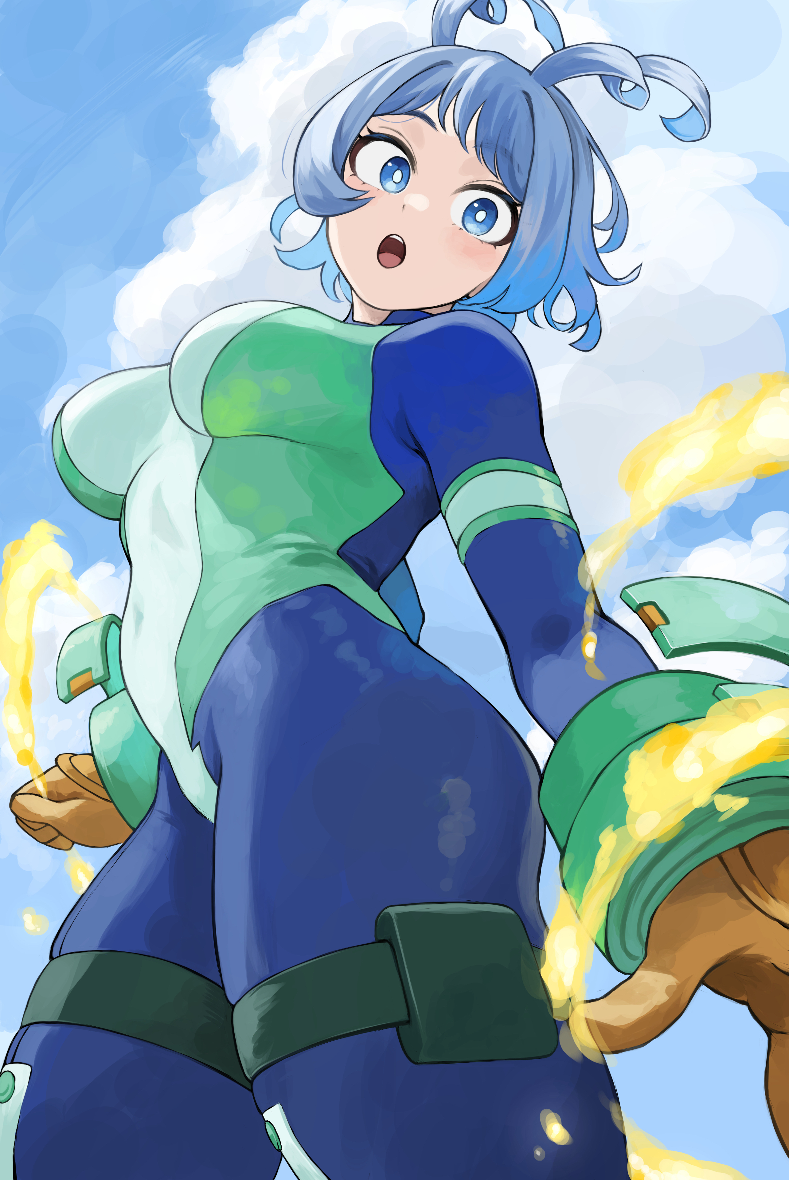 1girls, absurdres, blue eyes, blue hair, blue sky, blue-haired female, bodysuit, boku no hero academia, breasts, cloud, day, female, female only, fengling (furin-jp), hado nejire, highres, looking at viewer, medium breasts, my hero academia, nejire hado, open mouth, outdoors, short hair, sky, solo, thick thighs, thighs