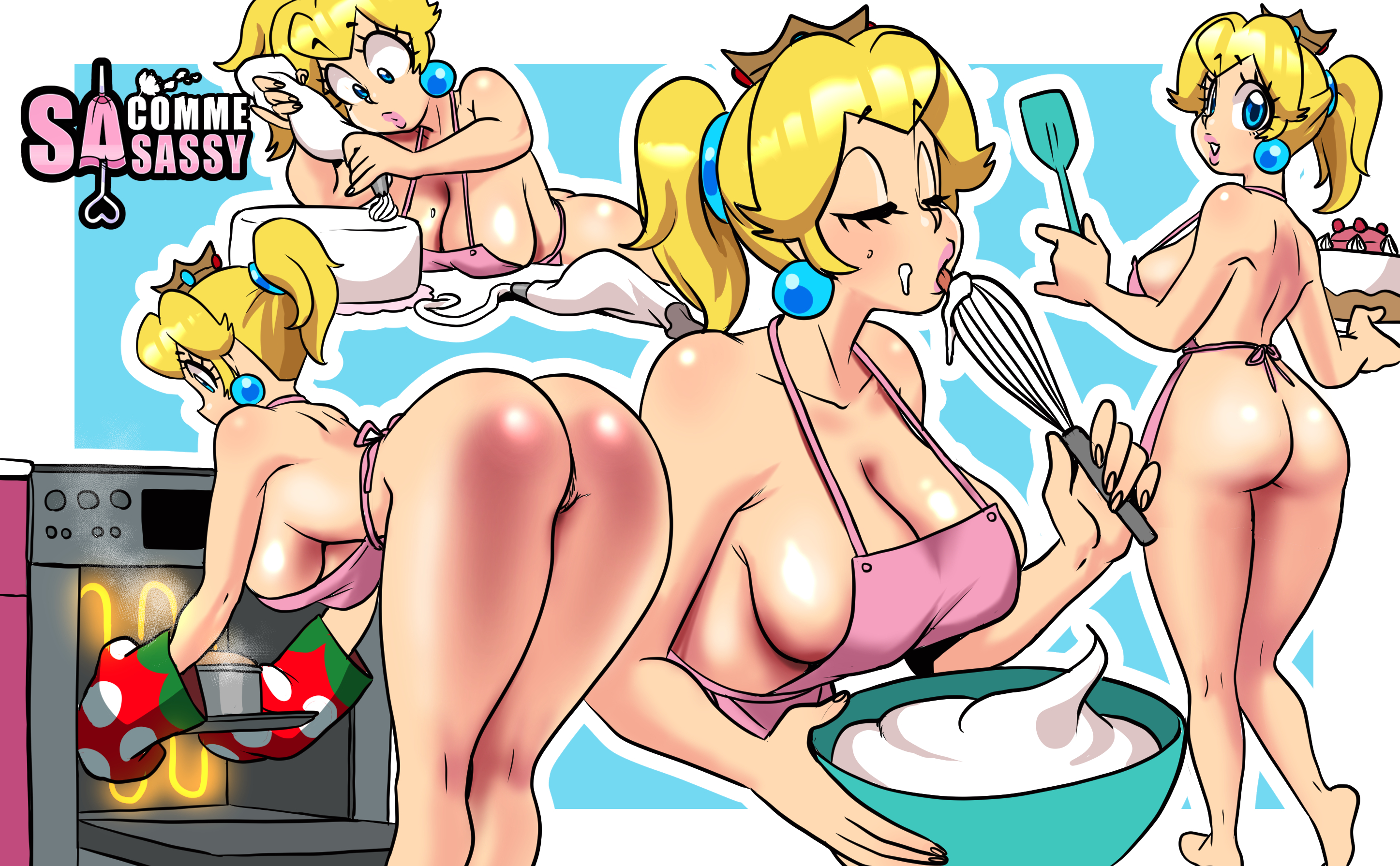 1girls, alternate breast size, apron, ass, baking, bending over, big lips, bimbo lips, blonde hair, blue background, blue eyes, bottomless, breasts, cooking, crown, female, female only, food, large breasts, leaning forward, long hair, looking at viewer, looking back, lying, mario (series), multiple images, multiple views, naked apron, nintendo, nude apron, on stomach, pink lips, pink lipstick, ponytail, princess peach, sasatseng, simple background, solo, standing, thick lips, tied hair, underboob, white border