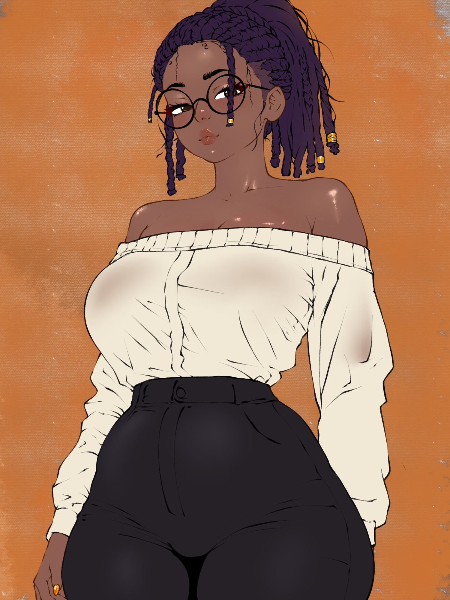 1girls, 2025, big breasts, black hair, braid, braided hair, breasts, brown eyes, clothed, clothing, dark skin, dark-skinned female, digital media (artwork), exposed shoulders, female, female only, glasses, greaterkeytattoos, no visible genitalia, orange background, original, original character, pants, shirt, shoulders, small waist, solo, solo female, tiny waist, wide hips