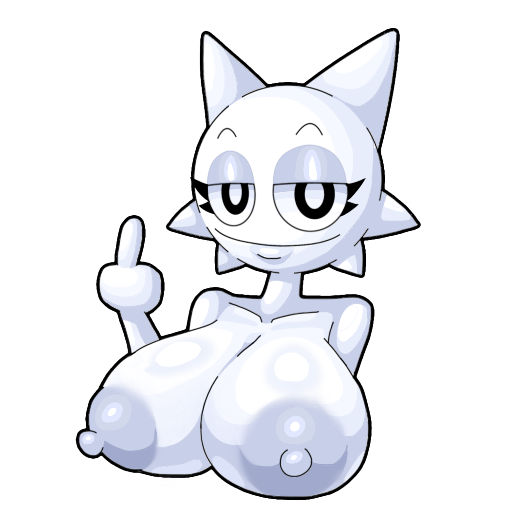1girls, areola, areolae, big areola, big breasts, big nipples, breasts, cat ears, cat girl, catgirl, diaodiaoanimation, erect nipples, female, female focus, flipping off, incredibox mod, looking at viewer, nipples, smile, smiling, solo female, sprunki, transparent background, wenda (sprunki), white background, white body