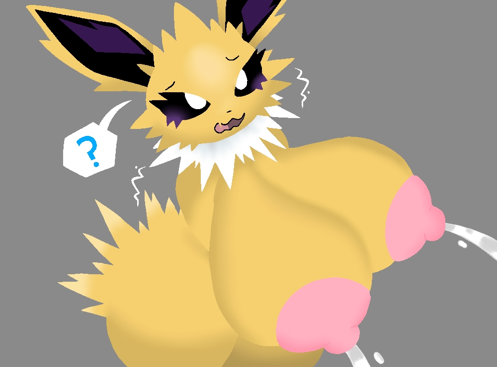 ?, 1girls, 2025, anthro, areolae, background, big breasts, breast expansion, breast growth, breast growth (enlargement), breast milk squirt, breasts, confused, confused look, confusion, digital drawing (artwork), digital media (artwork), eeveelution, eyelashes, female, female only, fur, generation 1 pokemon, grey background, jolteon, lactation, long ears, nintendo, nipples, pinap juice, pokemon, pokemon (species), pokemon rgby, self upload, simple background, solo, solo female, thick thighs, thighs, white fur, worried, worried expression, yellow body, yellow fur