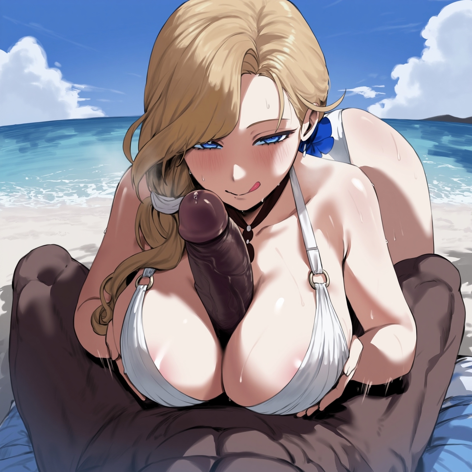 1boy, 1girls, ai generated, azur lane, big breasts, blonde hair, blue eyes, breasts, dark skin, dark-skinned male, female, female focus, hips, hood (azur lane), huge breasts, huge cock, interracial, large breasts, light skin, light-skinned female, looking pleasured, male, mature female, milf, paizuri, penis, swimsuit, thick thighs, thighs, truck kun, wide hips