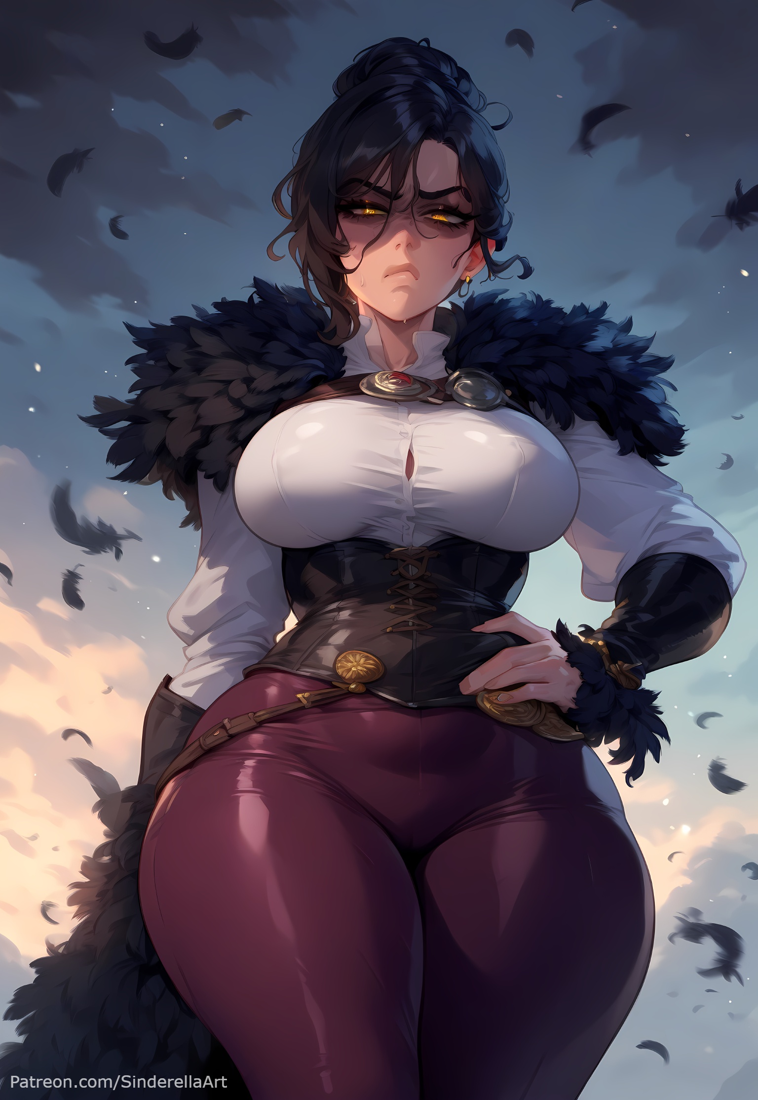 ai generated, artist name, belt, bioware, bird, black feathers, black hair, breasts, busty, commission, crow, dragon age, feather trim, feathers, female, fur collar, fur trim, hand on hip, large breasts, looking at viewer, morrigan (dragon age), pants, patreon, patreon url, patreon username, sinderellaart, sky, solo, thick, thick thighs, thighs, underbust, voluptuous, wide hips, yellow eyes