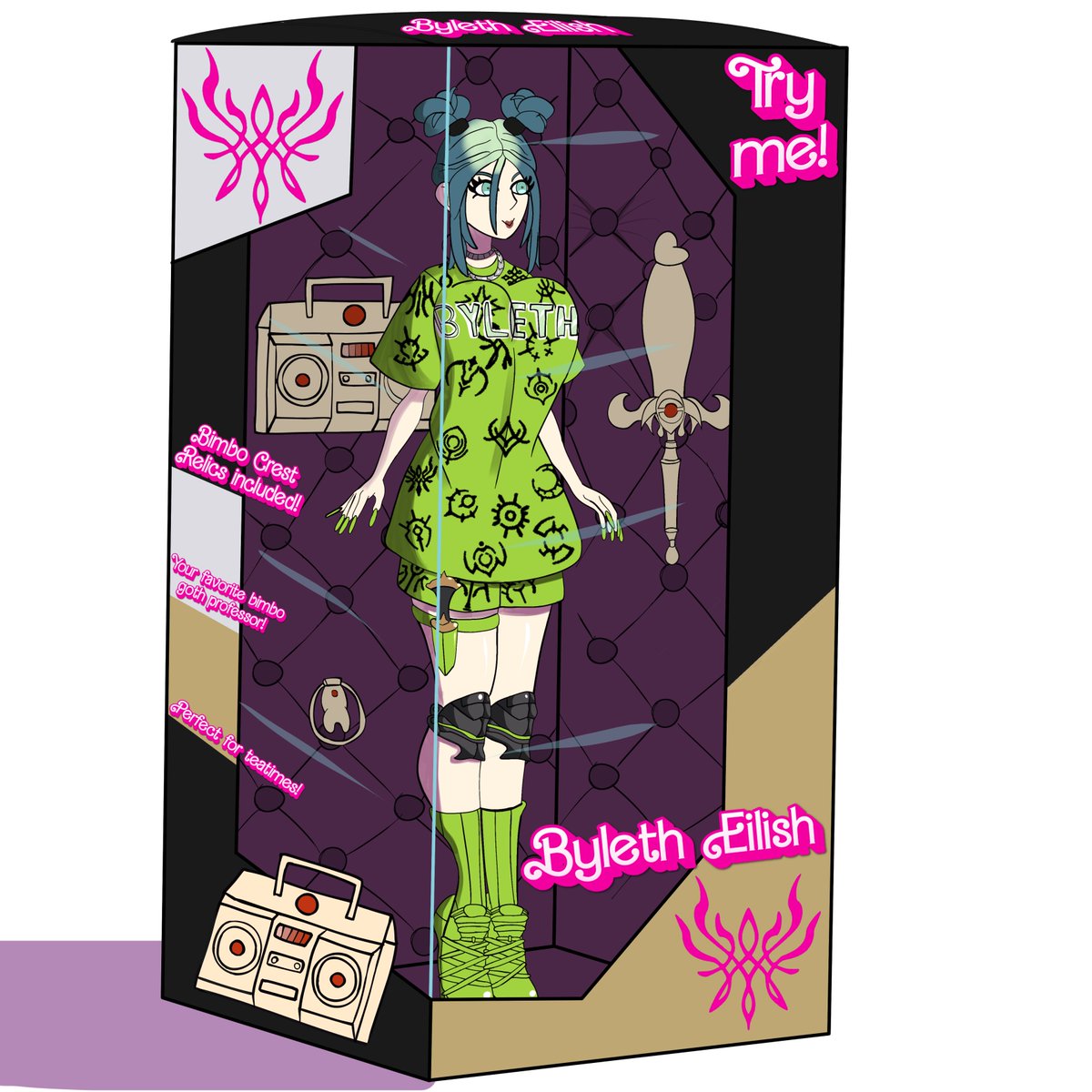 big_breasts billie_eilish bimbo bimbo_body bimbofication bimbofied boombox breasts bulging_breasts byleth_(fire_emblem) crabla dildo doll doll_box dollification english_text female fire_emblem hypnosis identity_death mental_transformation mind_control platform_heels rule_63 sex_doll sex_doll_transformation sex_toy transformation