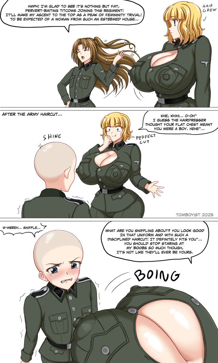 1940s, 2girls, 40s, army, army uniform, aryana schutze, bald, bald female, big breast humiliation, big breasts, blonde hair, breast envy, breasts, breasts bigger than head, brown hair, comic, comic page, comic panel, fem ss officer, female, flat chest, flat chested, history, huge breasts, humiliation, military, military uniform, nazi, original, pov, small breast humiliation, small breasts, text, tigeria klein, tomboyist, tsundere, world war 2, ww2