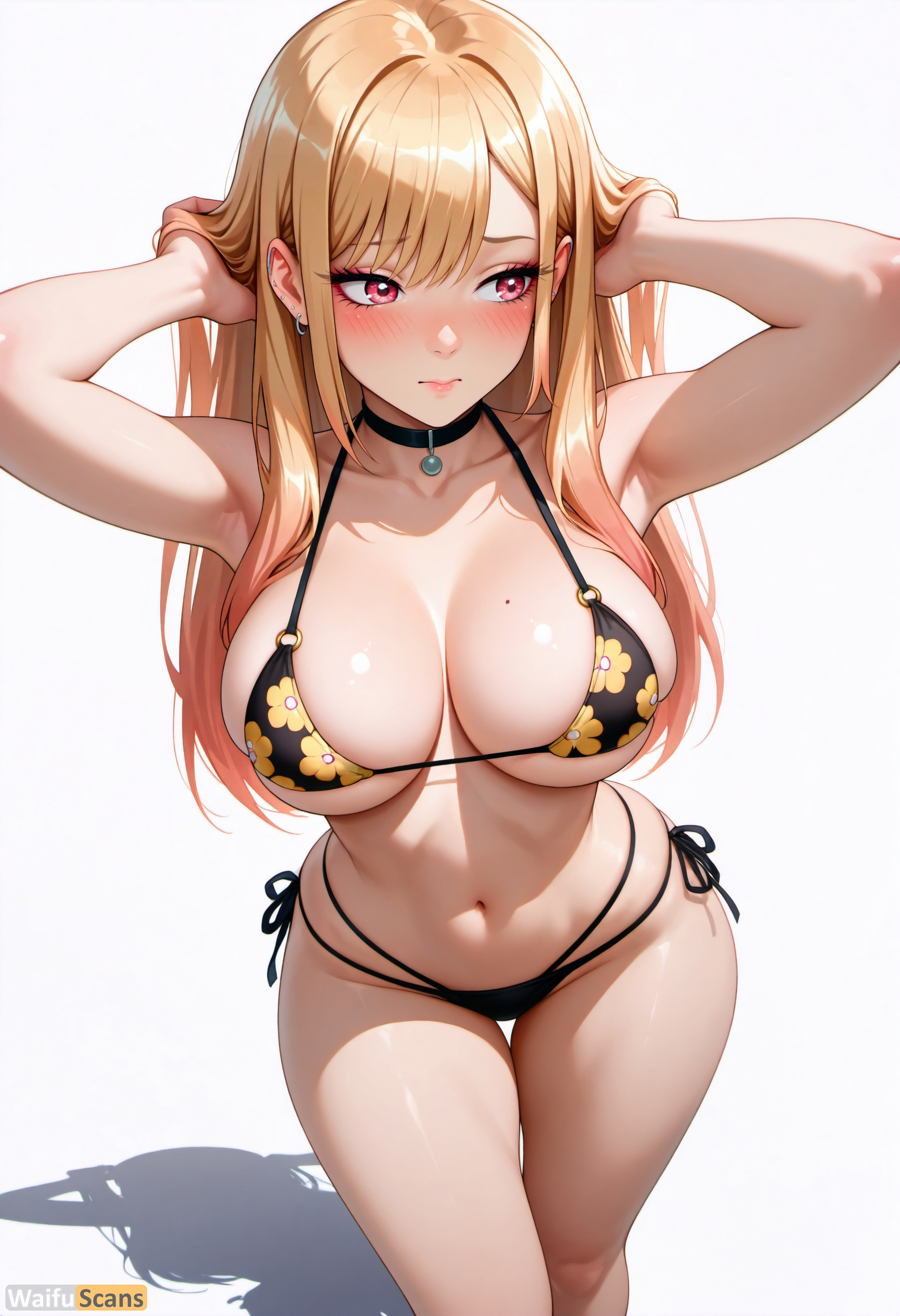 ai generated, armpits, arms behind head, arms up, artist name, bangs, barbell piercing, bikini, black bikini, black choker, blonde hair, blush, breasts, choker, cleavage, closed mouth, collarbone, ear piercing, earrings, female, floral print, halterneck, hands in hair, high resolution, highres, industrial piercing, jewelry, kitagawa marin, large breasts, long hair, looking away, looking to the side, mole, mole on breast, multi-strapped bikini, multicolored hair, navel, piercing, print bikini, red eyes, shadow, side-tie bikini bottom, simple background, skindentation, solo, sono bisque doll wa koi wo suru, stable diffusion, stomach, string bikini, swimsuit, thigh gap, thighs, waifuscans418, white background