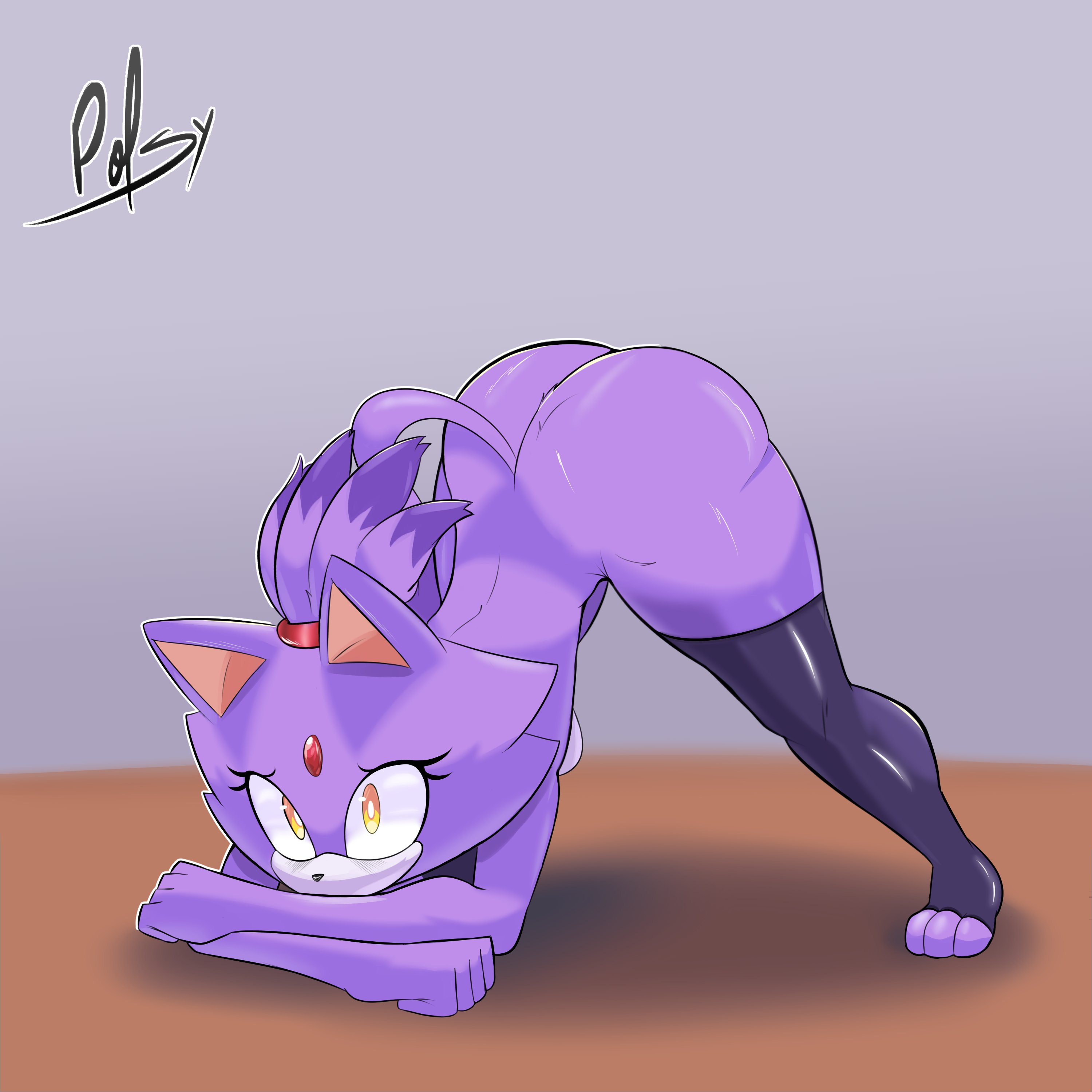 1:1, 2025, 3 toes, absurd res, accessory, anthro, artist name, ass, ass up, big ass, big butt, black nose, blaze the cat, blush, breasts, cheek tuft, clothing, domestic cat, eyelashes, facial tuft, feet, felid, feline, felis, female, forehead gem, fur, gem, hair accessory, hairband, hi res, jack-o' pose, legwear, mammal, medium breasts, mostly nude, pose, purple body, purple fur, purple hair, sega, short hair, solo, sonic (series), sonic the hedgehog (series), tail, text, thepolsy, thigh highs, toes, tuft, yellow eyes