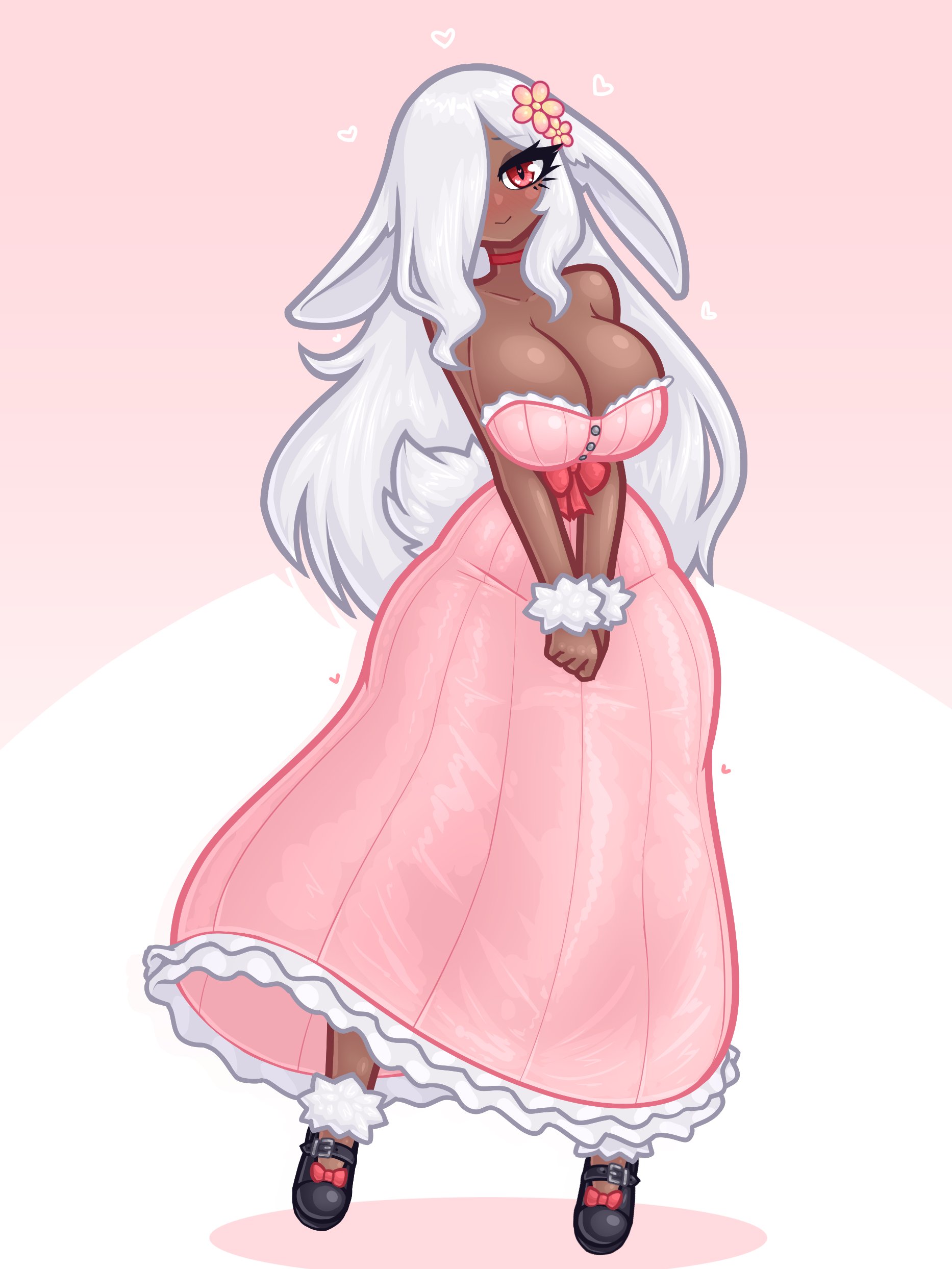 breasts, bunny ears, bunny girl, bunny tail, choker, dark skin, dark-skinned female, dress, female, flower in hair, futanari, hip dips, huge breasts, intersex, kemonomimi, limebreaker, looking at viewer, penis, red eyes, solo, white hair
