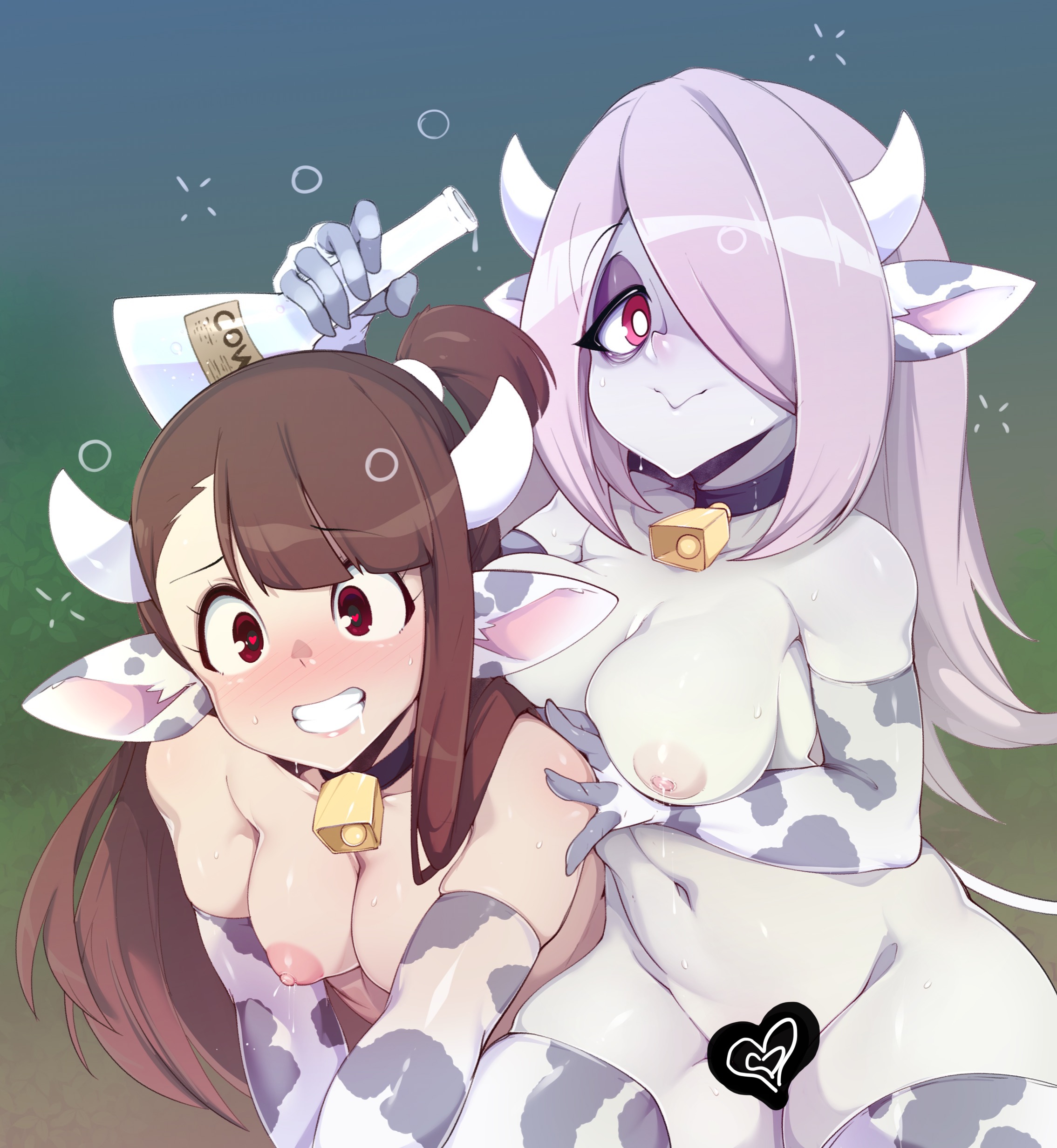 2girls, atsuko kagari, breasts, chubby, cow ears, cow horns, cute, female, lactating, lactation, little witch academia, medium breasts, milk, milk squirt, slugbox, sucy manbavaran, young