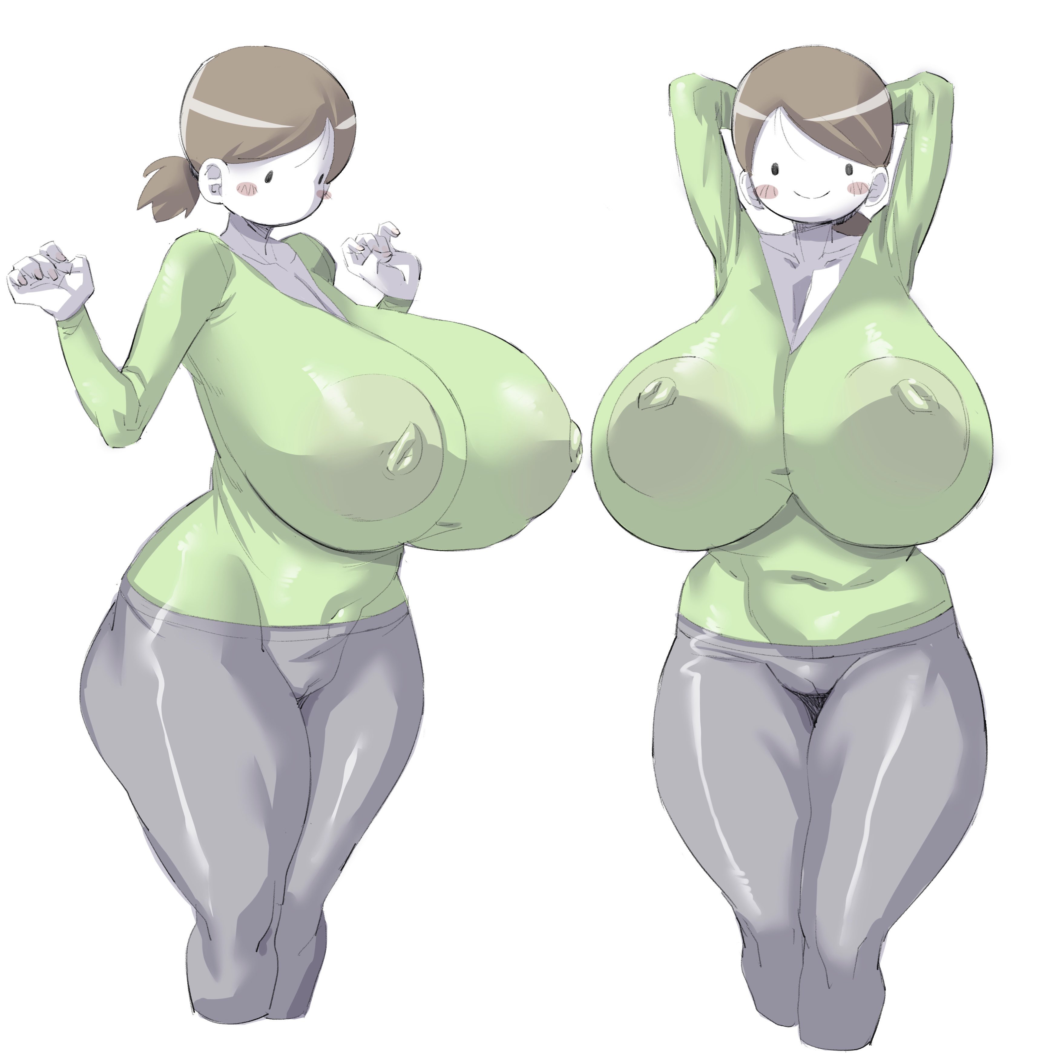 1girls, 2022, areolae visible through clothing, arms behind head, big breasts, breasts, brown hair, dot eyes, female, female only, green shirt, huge breasts, jeans, looking at viewer, mob face, mouthless, nipples visible through clothing, no mouth, original character, sakana8888888, short hair, simple background, skin tight, smile, smiling, smiling at viewer, white background