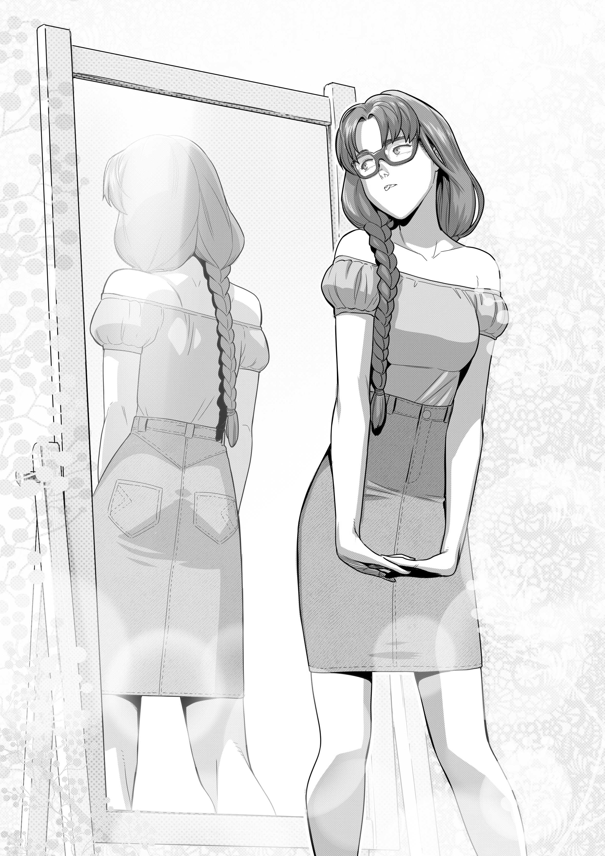 1girls, anna (tekuho), bare shoulders, braces, braid, braided hair, braided twintails, breasts, cute, denim skirt, female, glasses, greyscale, mirror, nerd, nerdy female, original, shoulderless shirt, skirt, solo, standing, teenager, tekuho