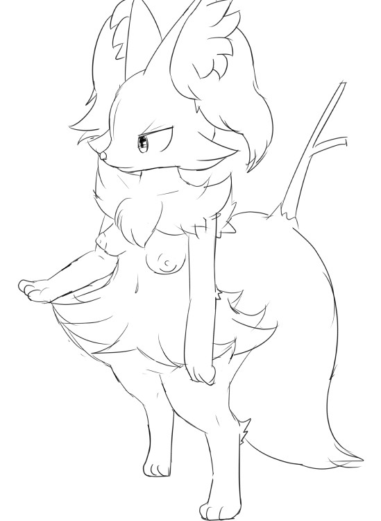 anthro areola braixen breasts bunnag digitigrade female inner_ear_fluff monochrome navel nintendo nipples paws pokémon_(species) pokemon pokemon_(species) simple_background sketch solo standing stick tuft video_games