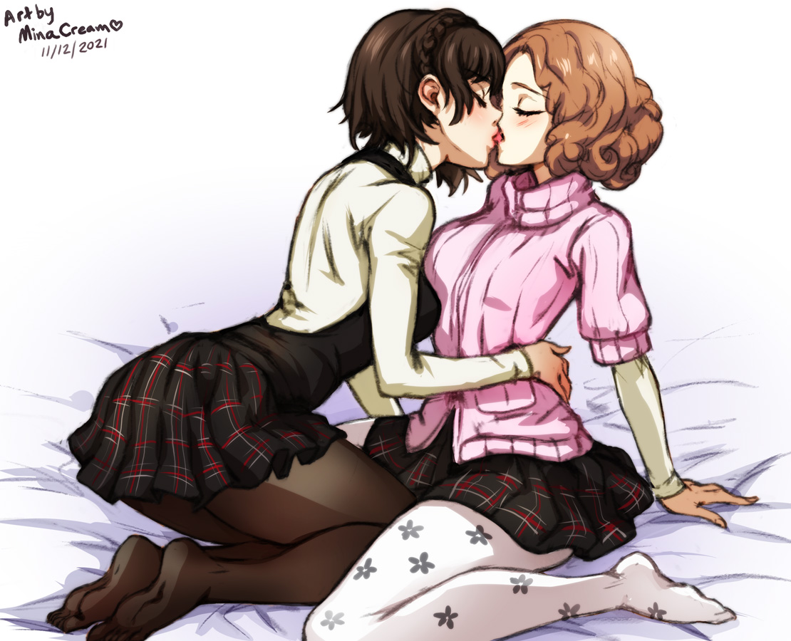 2girls, atlus, blush, brown hair, closed eyes, female, female only, haru okumura, kissing, makoto niijima, minacream, on bed, persona, persona 5, short hair, yuri