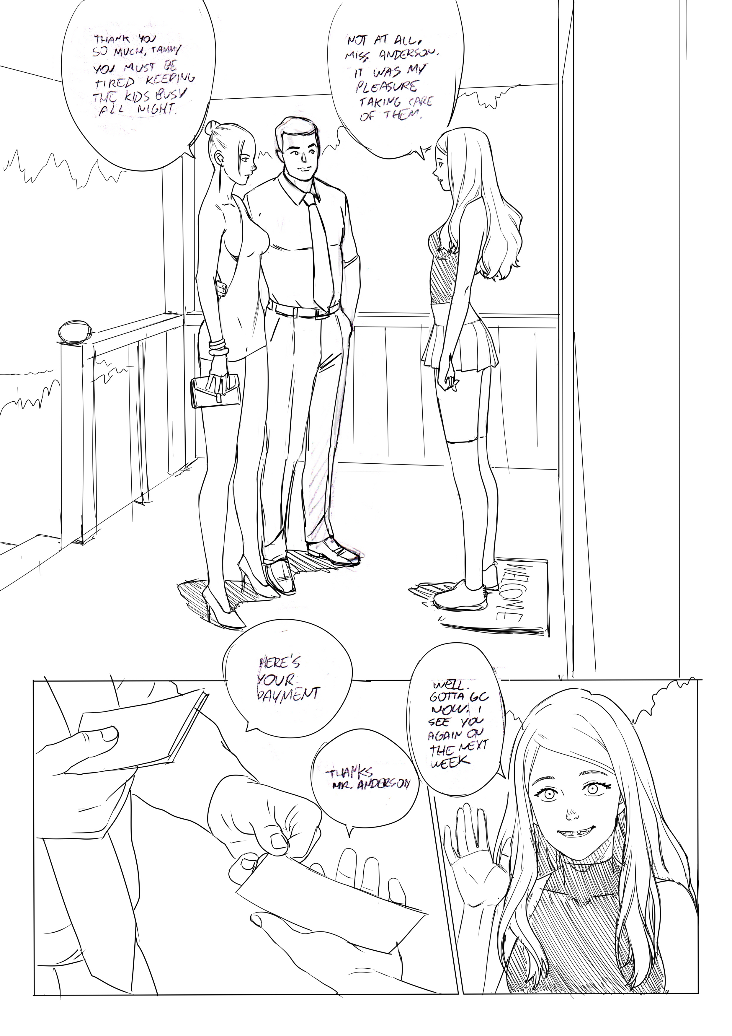 1boy, 2girls, blue eyes, braces, breasts, brown hair, comic page, dress, english text, female, full body, high heels, long hair, male, money, monochrome, mrs. anderson (tekuho), no bra, petite, sketch, skirt, standing, tagme, tammy (tekuho), teenager, tekuho