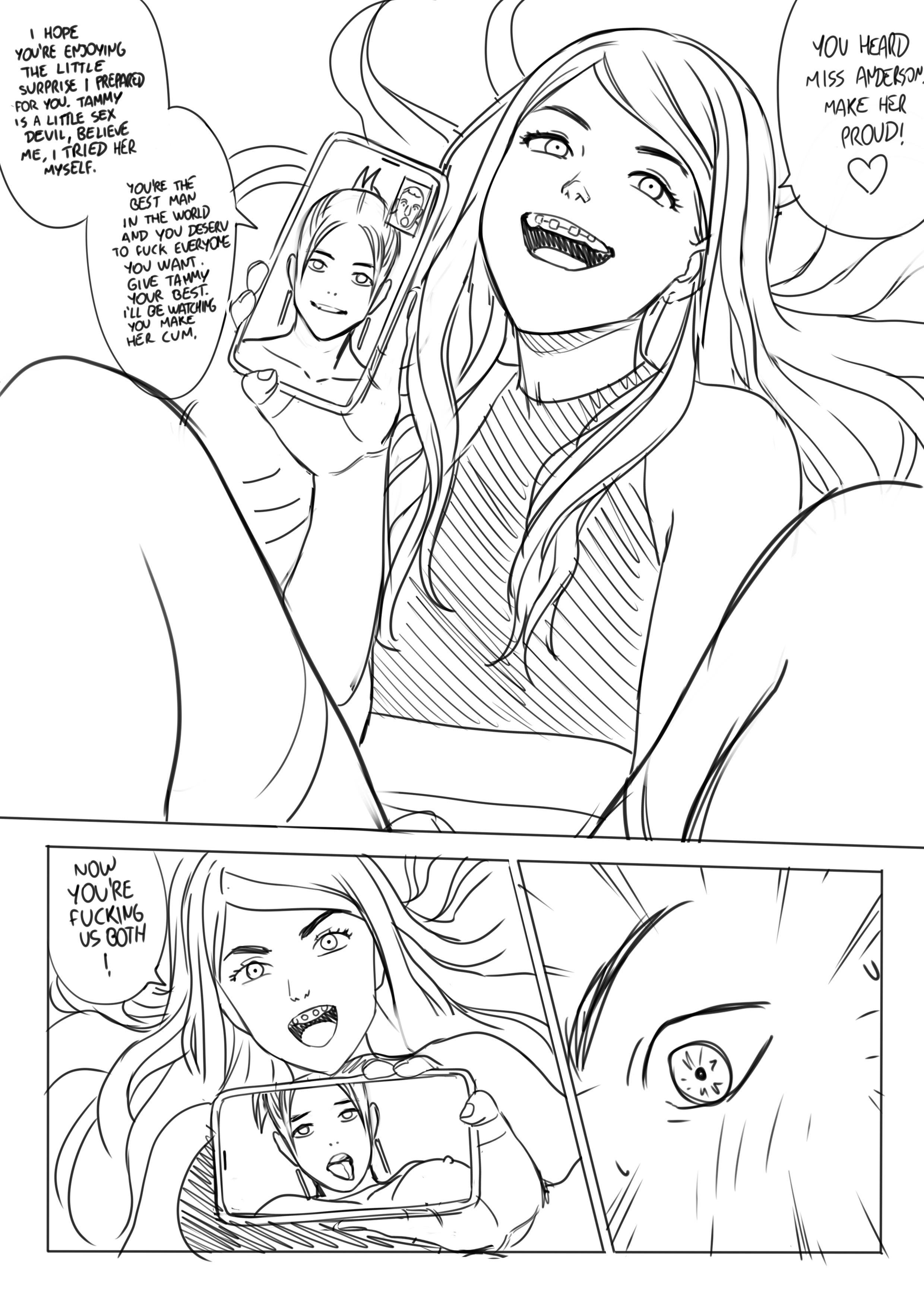 black eyebrows, braces, collarbone, comic, comic page, earrings, ears, eyebrows, female, long hair, mouth, netorase, nose, open eyes, open mouth, original, sketch, sweat, sweating, tagme, tammy (tekuho), teenager, tekuho, text, tongue, tongue out