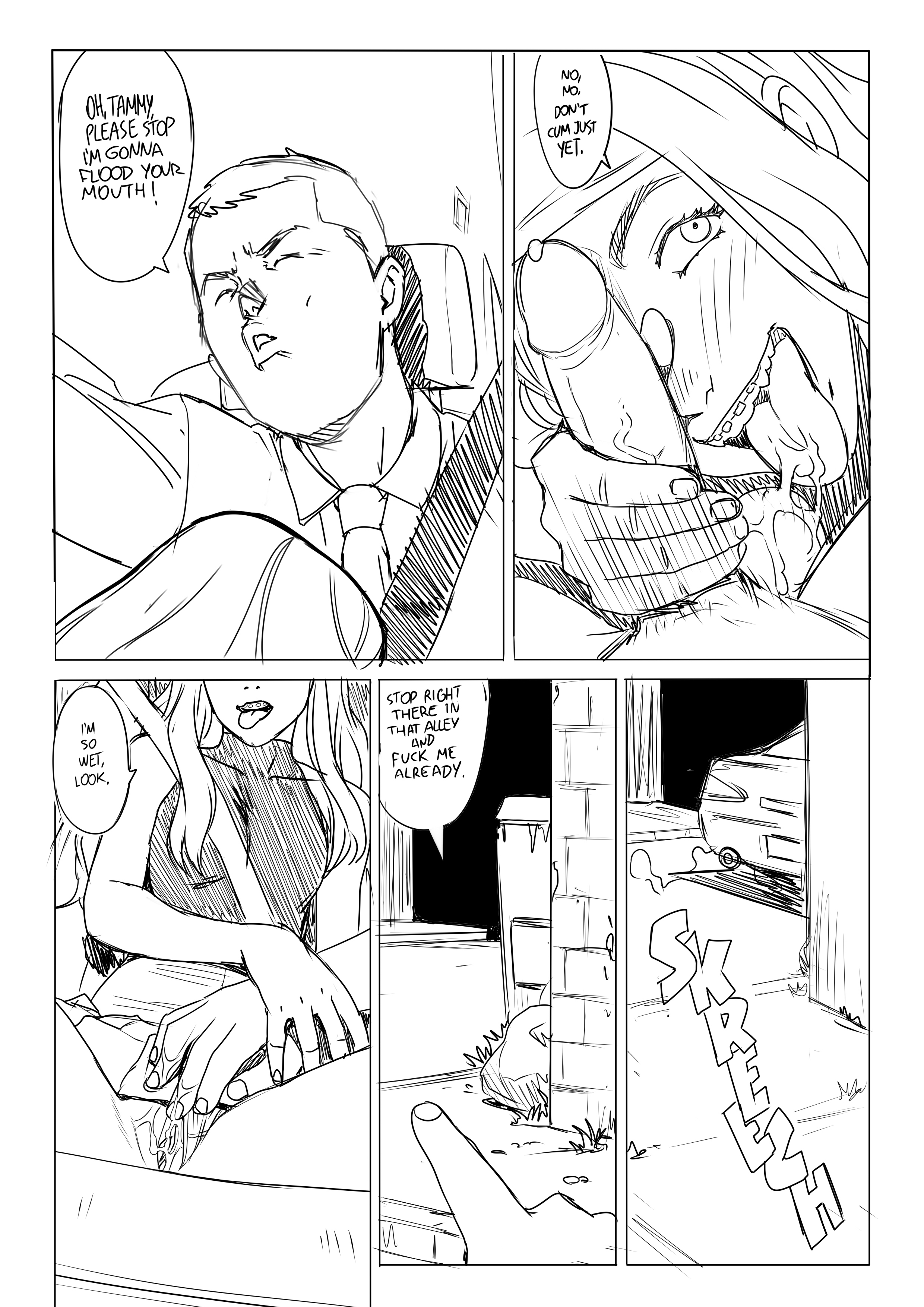 1boy, 1girls, after fellatio, blue eyes, braces, brown hair, car, comic page, cum, cum in mouth, english text, female, fingering, imminent sex, in car, licking penis, long hair, male, monochrome, oral, panties aside, penis, petite, pussy, sketch, skirt, tagme, tammy (tekuho), teenager, tekuho