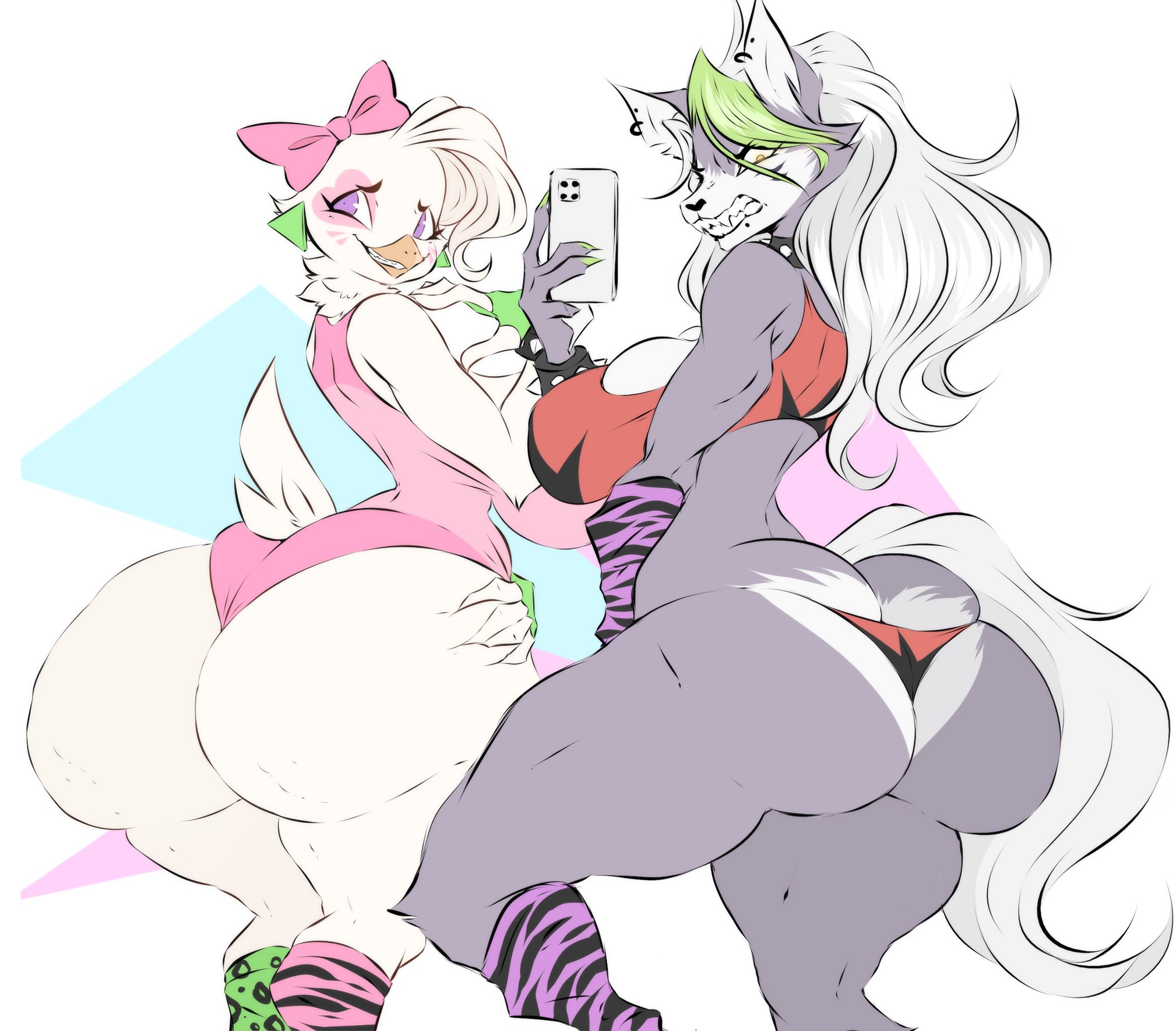 2girls, animatronic, ass, big ass, big breasts, breasts, dullvivid, female, five nights at freddy's, five nights at freddy's: security breach, furry, glamrock chica (fnaf), roxanne wolf (fnaf), tagme, wolf