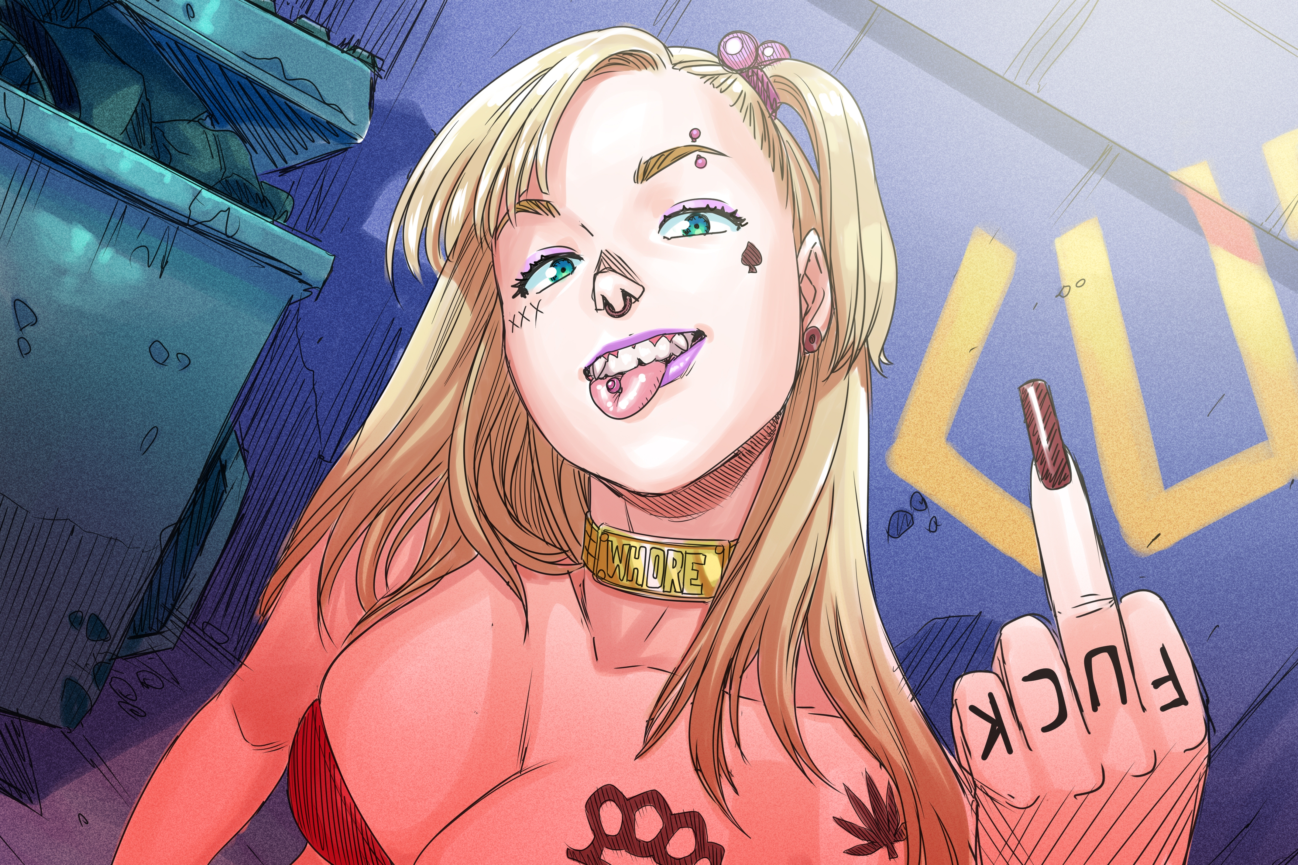 blonde hair, green eyes, middle finger, queen of spades, slut collar, solo, tagme, tattoo, tekuho, tongue, tongue out, tongue piercing, whore collar