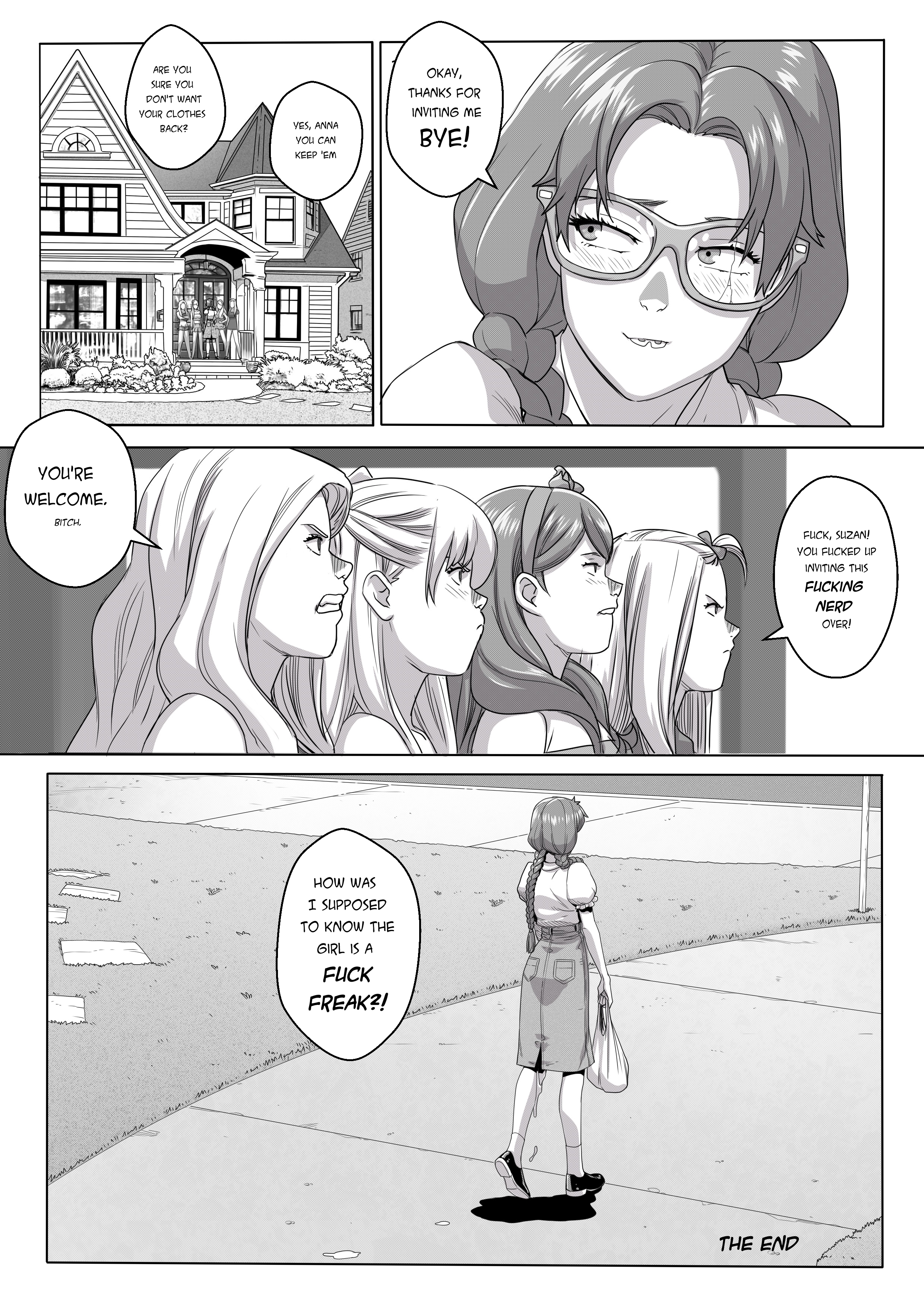 5girls, anna (tekuho), blush, braces, bullying, comic, cum dripping down thighs, female, glasses, greyscale, jealous, jealous female, nerd, nerdy female, original, teenager, tekuho, text