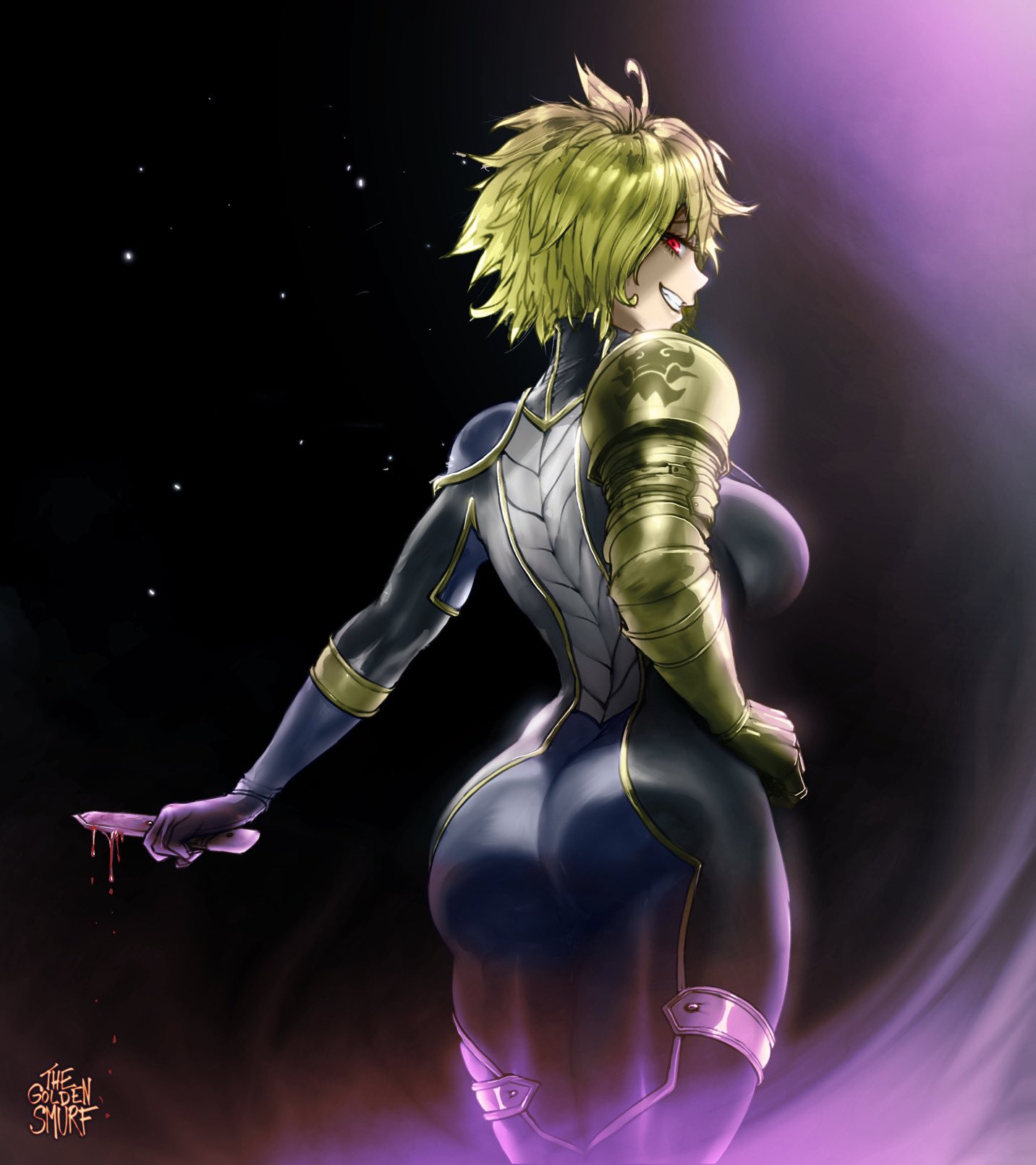 1girls, alvarez empire mark, armor, ass, back view, big ass, big breasts, blonde hair, blonde-haired female, bodysuit, breasts, dimaria yesta, fairy tail, female, female only, hi res, knife, legs together, looking at viewer, looking back, medium hair, red eyes, smiling, smiling at viewer, smug, solo, solo female, teeth showing, thegoldensmurf