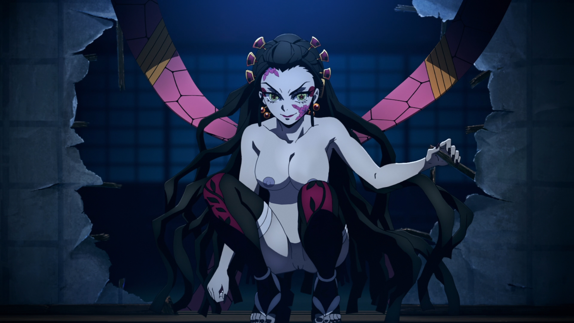 angry, black hair, breasts, daki (kimetsu no yaiba), demon, demon girl, demon slayer, earrings, facial mark, facial markings, female, female only, green eyes, hair ornament, highres, jewelry, kimetsu no yaiba, kneehighs, looking at viewer, medium breasts, nipples, nude, nude filter, obi, pussy, sandals, sash, smirk, squatting, third-party edit, uncensored
