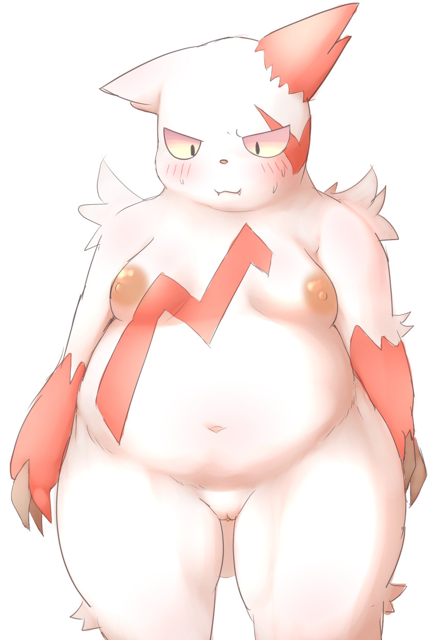 anthro areola belly big_areola blush bodily_fluids breasts bunnag female fur furry furry_only genitals hi_res medium_breasts navel nintendo nipples nude overweight overweight_anthro overweight_female pokémon_(species) pokemon pokemon_(species) pussy simple_background solo standing sweat thick_thighs video_games white_background white_body white_fur wide_hips zangoose