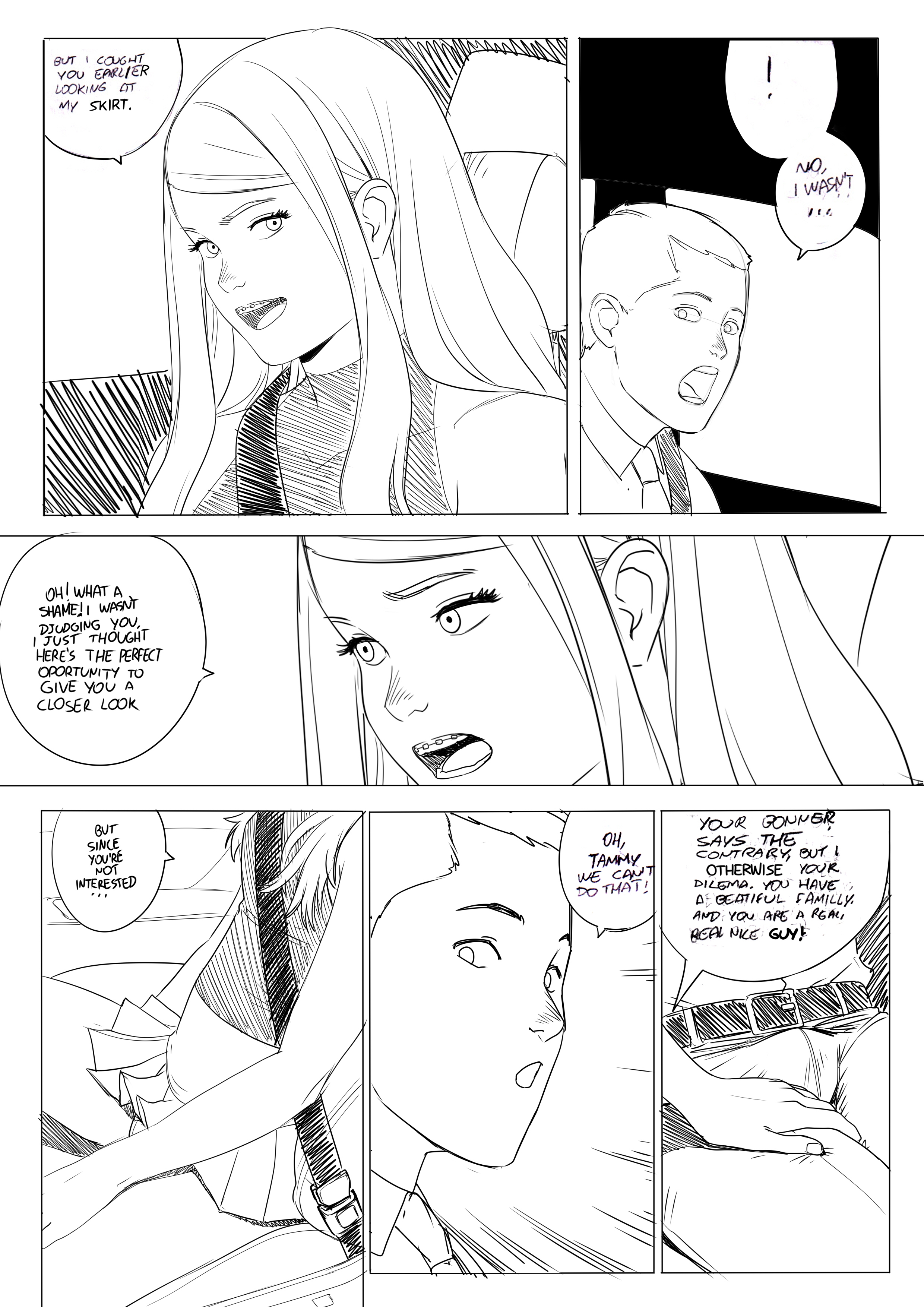 !, 1boy, 1girls, blue eyes, braces, brown hair, bulge, car interior, comic page, english text, erection under clothes, female, imminent sex, inviting to sex, long hair, male, monochrome, panties, petite, sketch, skirt, tagme, tammy (tekuho), teenager, tekuho