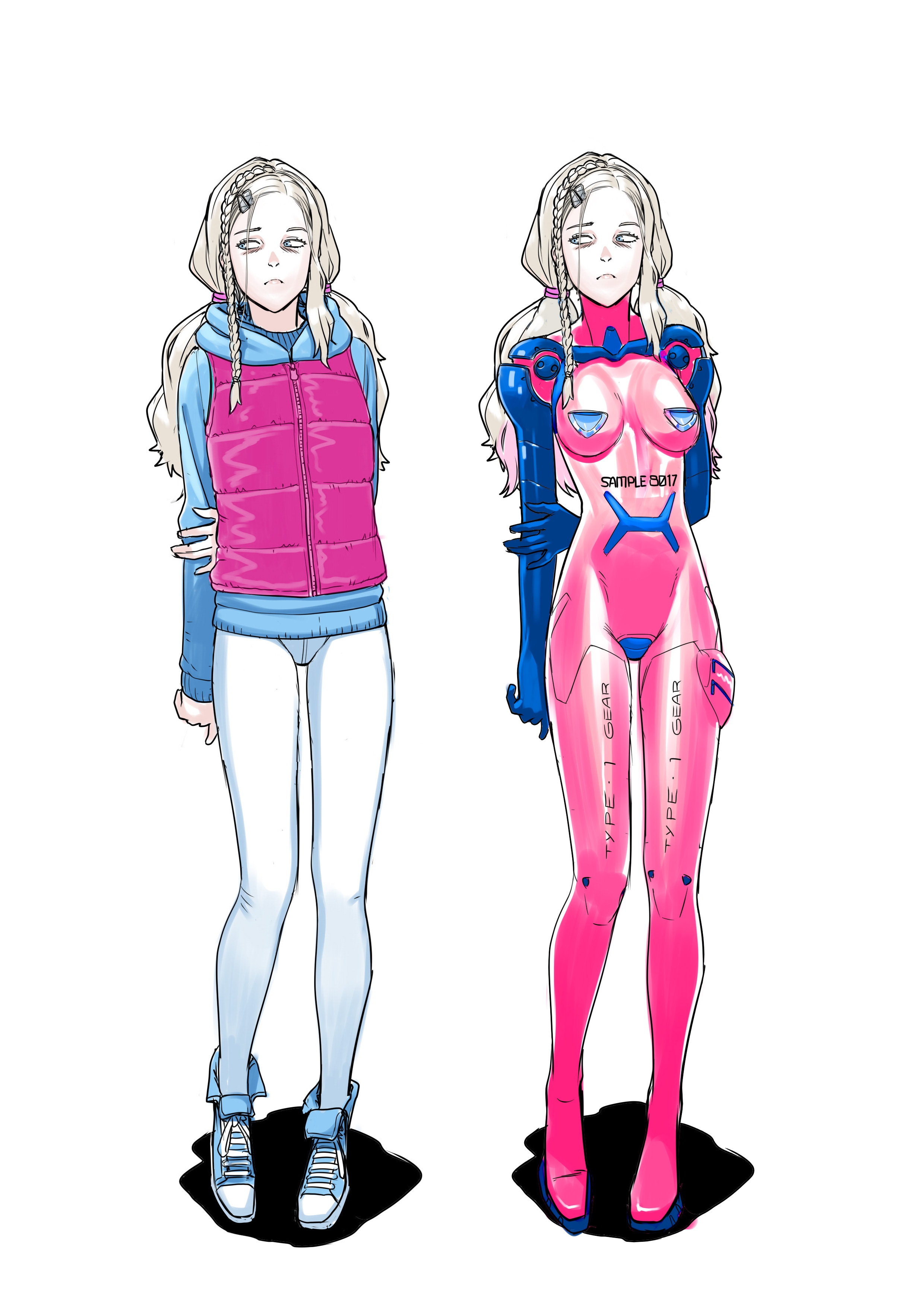 alternate version available, breasts, female, female only, fully clothed, robot, shiny clothes, shy, sketch, skinny, solo, tagme, teenager, tekuho, text on clothing, tight clothing