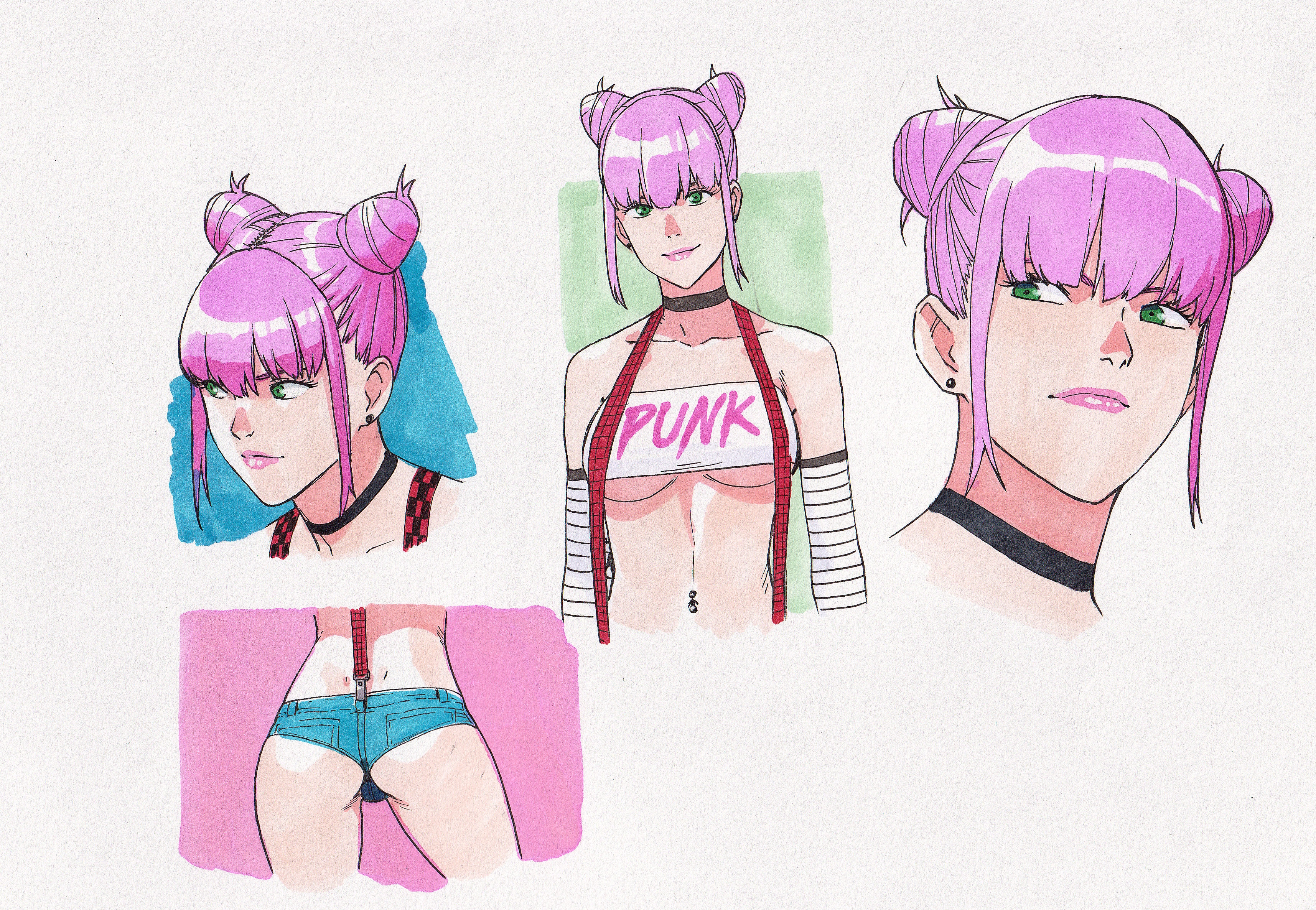 1girls, ass hanging out of shorts, boots, breasts, female, green eyes, lipstick, pink hair, short shorts, solo, tagme, tekuho