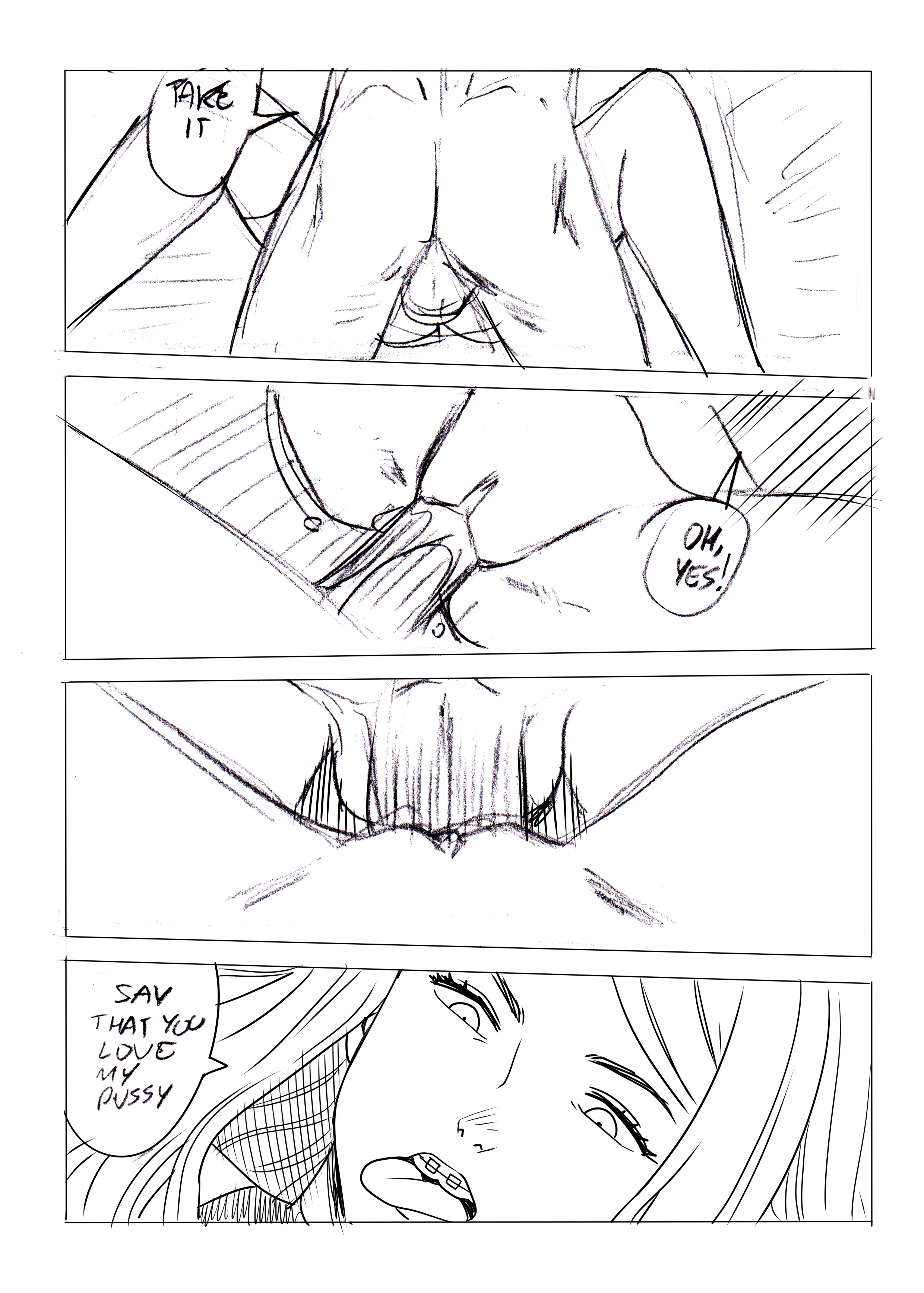 1boy, 1girls, age difference, braces, comic, comic page, english text, female, long hair, male, monochrome, on back, penis, pussy, sex, sketch, speech bubble, spread legs, tagme, tammy (tekuho), teenager, tekuho, text, tongue, tongue out, vaginal penetration