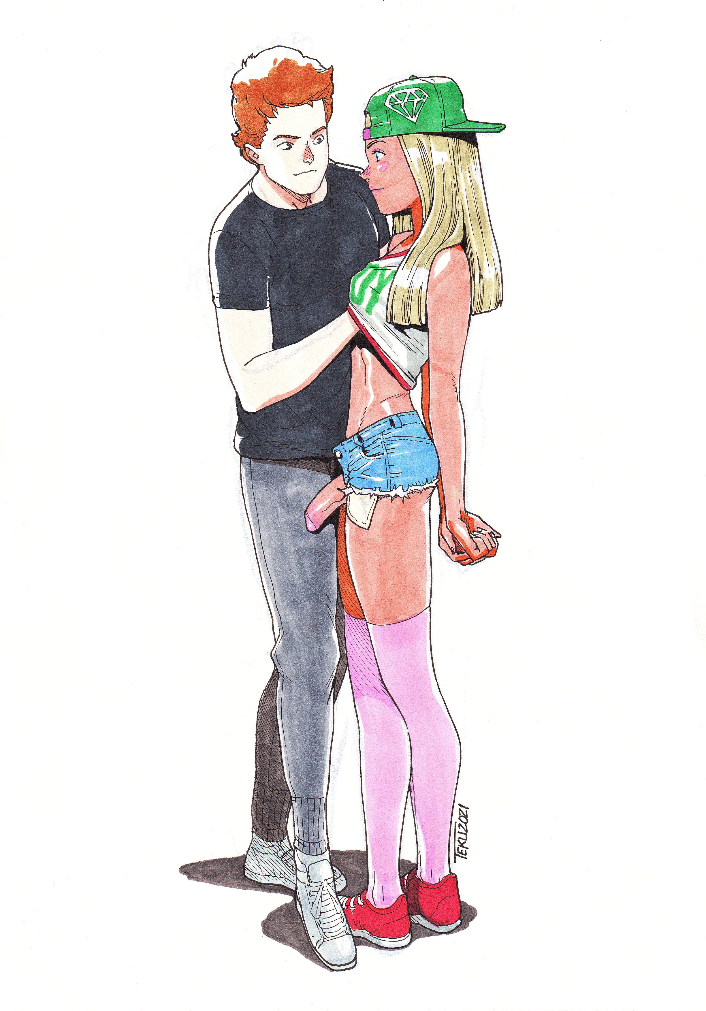 2boys, backwards baseball cap, baseball cap, blonde hair, candy (tekuho), cap, femboy, feminine male, green eyes, kneehighs, male, male focus, male only, original, penis, penis out, red hair, short shorts, sneakers, teenager, tekuho, trap
