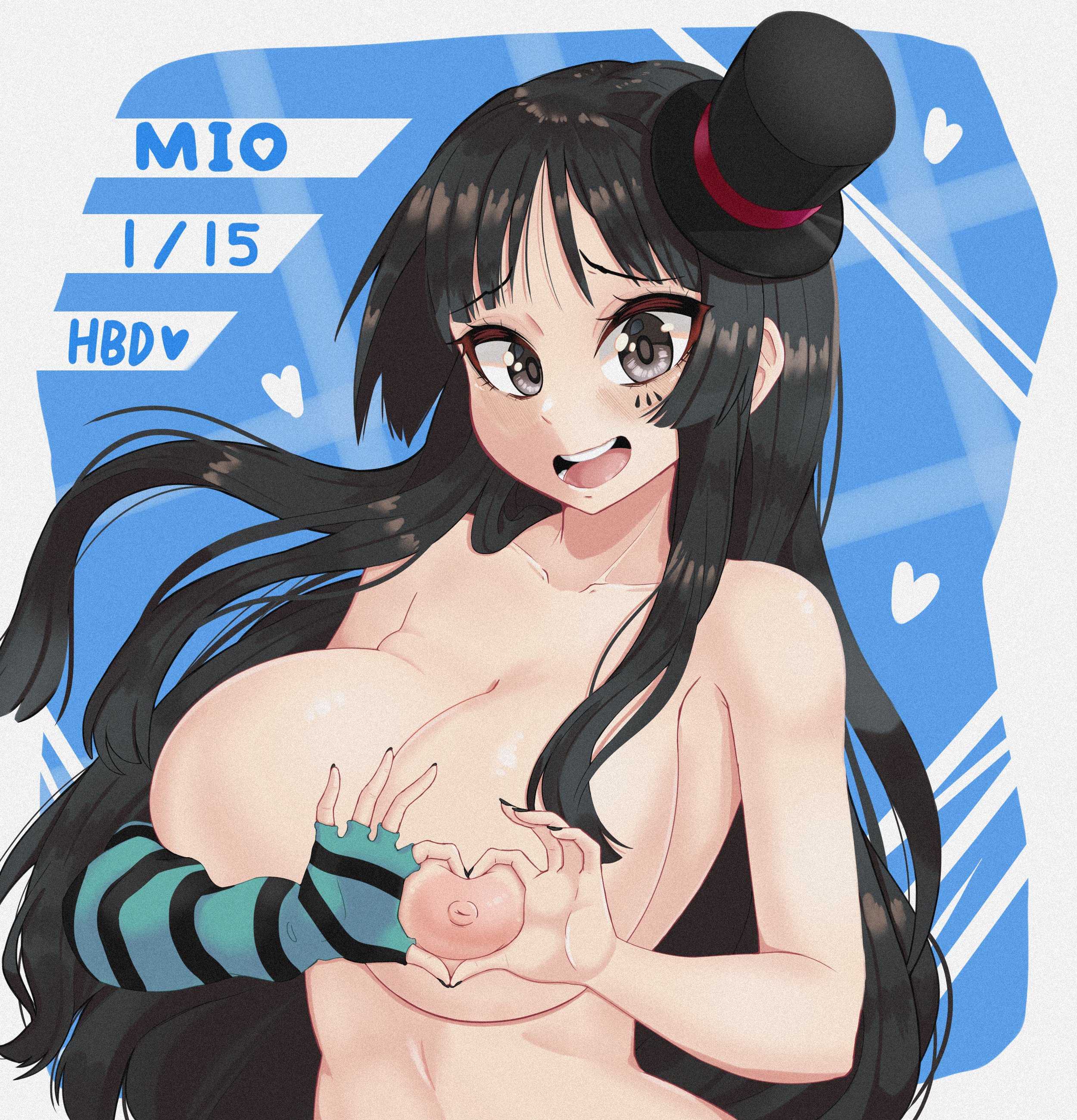 big breasts, birthday, black eyes, black hair, breasts, duke wintermaul, female, female focus, female only, fingerless gloves, glove, hat, heart hands, heart symbol, k-on!, large breasts, long hair, mio akiyama (k-on!), nipples, topless, young savage