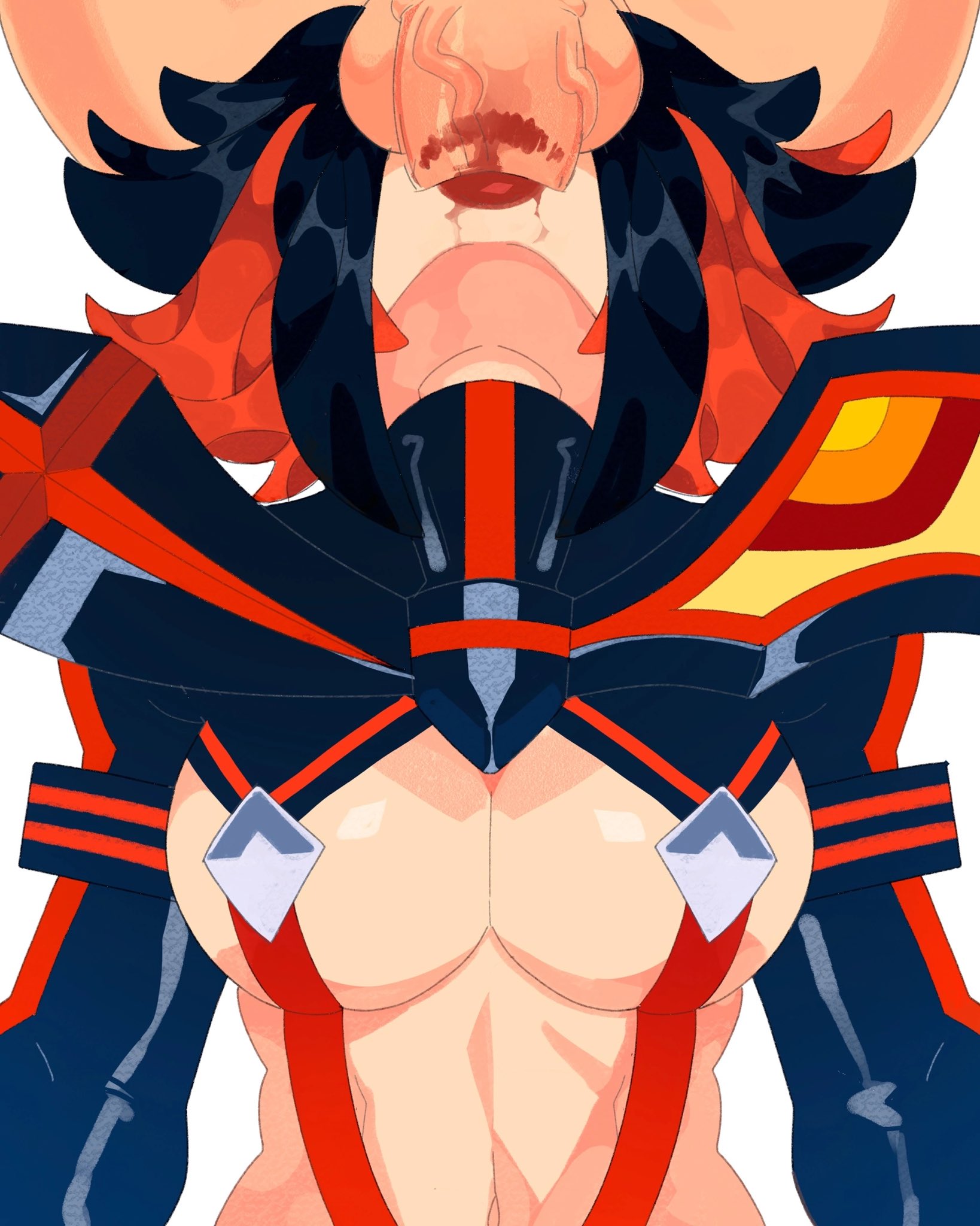 1boy, 1girls, balls, balls deep, black hair, deepthroat, deepthroat mark, deepthroat no hands, faceless male, fellatio, female, hands-free, irrumatio, kill la kill, lipstick, lipstick mark, lipstick on penis, male, matoi ryuuko, mawiedz, oral, penis, red lipstick, senketsu, sword swallowing position, throat bulge, throat fuck, throat swabbing