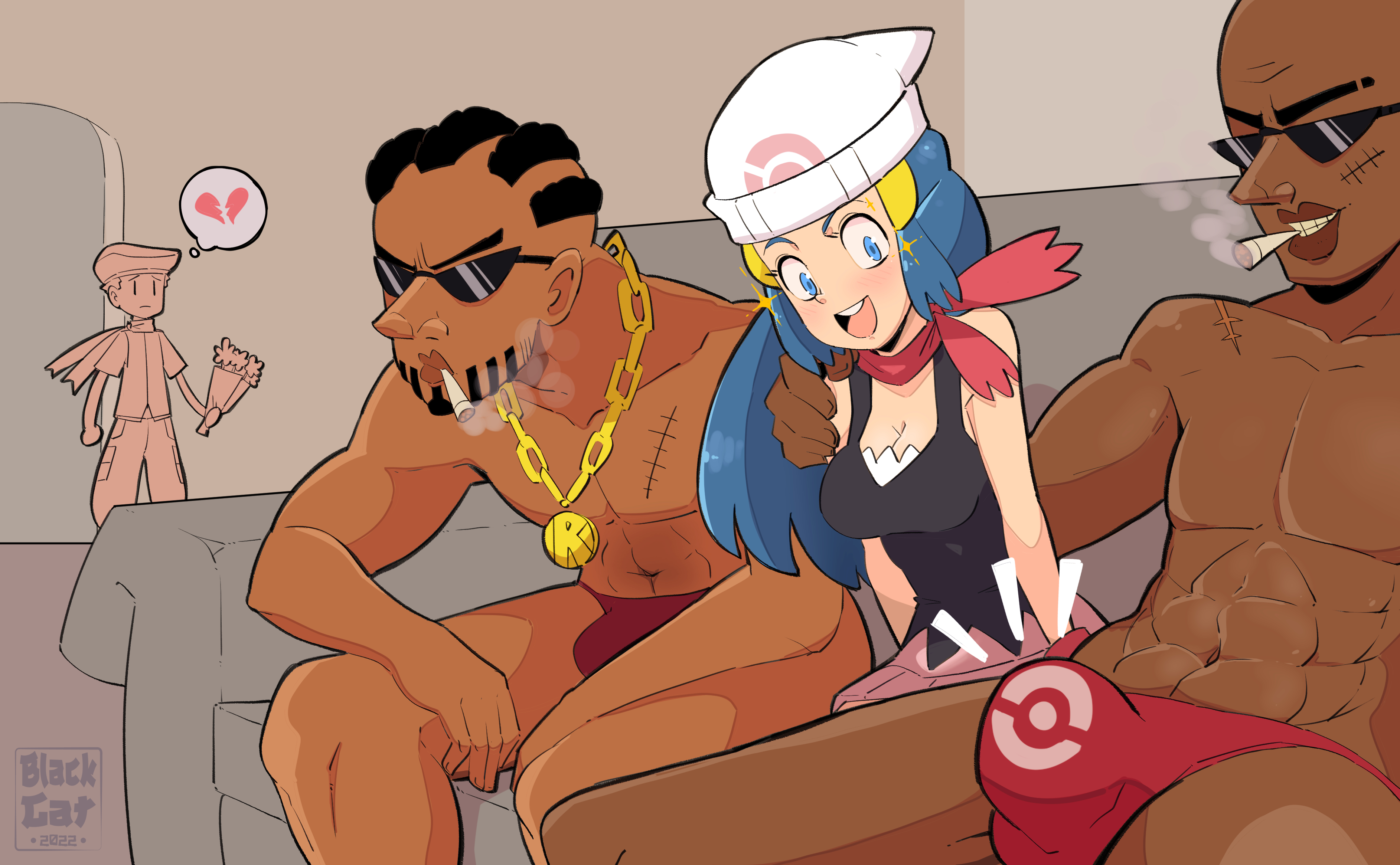 1girls, blackcat18up, bulge, couch, cuckold, dark skin, dark-skinned male, dawn (pokemon), female, interracial, lucas (pokemon), male, pokemon, pokemon dppt, tagme