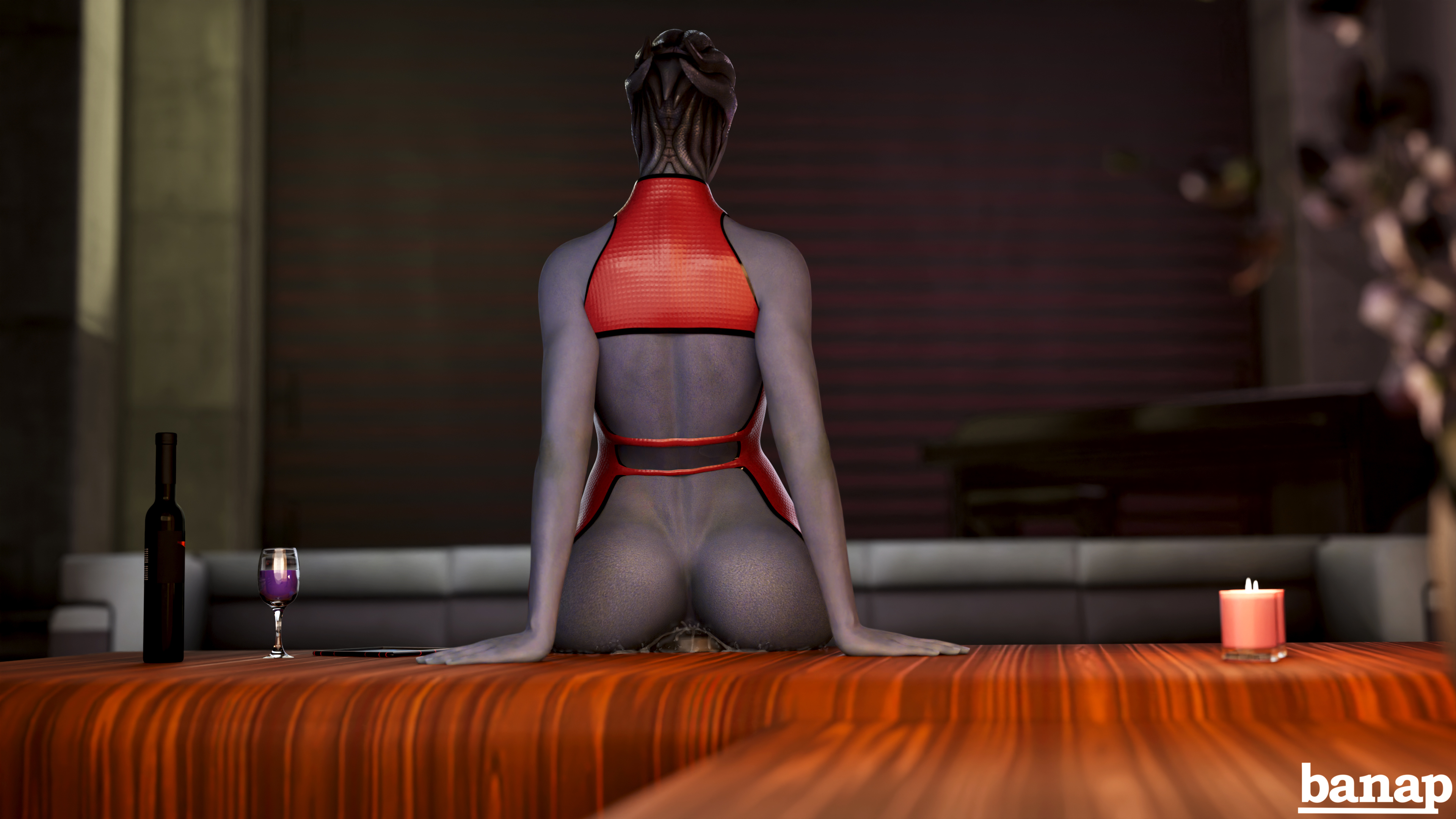 1girls, 3d, 3d (artwork), alien girl, anal, anal penetration, anal plug, asari, ass, ass focus, athletic, athletic female, banap, blender, blender (software), blue skin, buttplug, dress, female, female only, huge buttplug, liara t'soni, mass effect, sitting, sitting on dildo, solo, tight clothing, triple buttplug