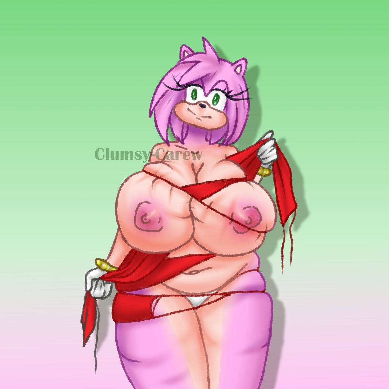 amy_rose anthro clumsy-carew erect_nipples eyelashes female furry gloves green_gloves hedgehog huge_breasts pink_fur smile solo sonic_(series) sonic_the_hedgehog_(series) white_panties