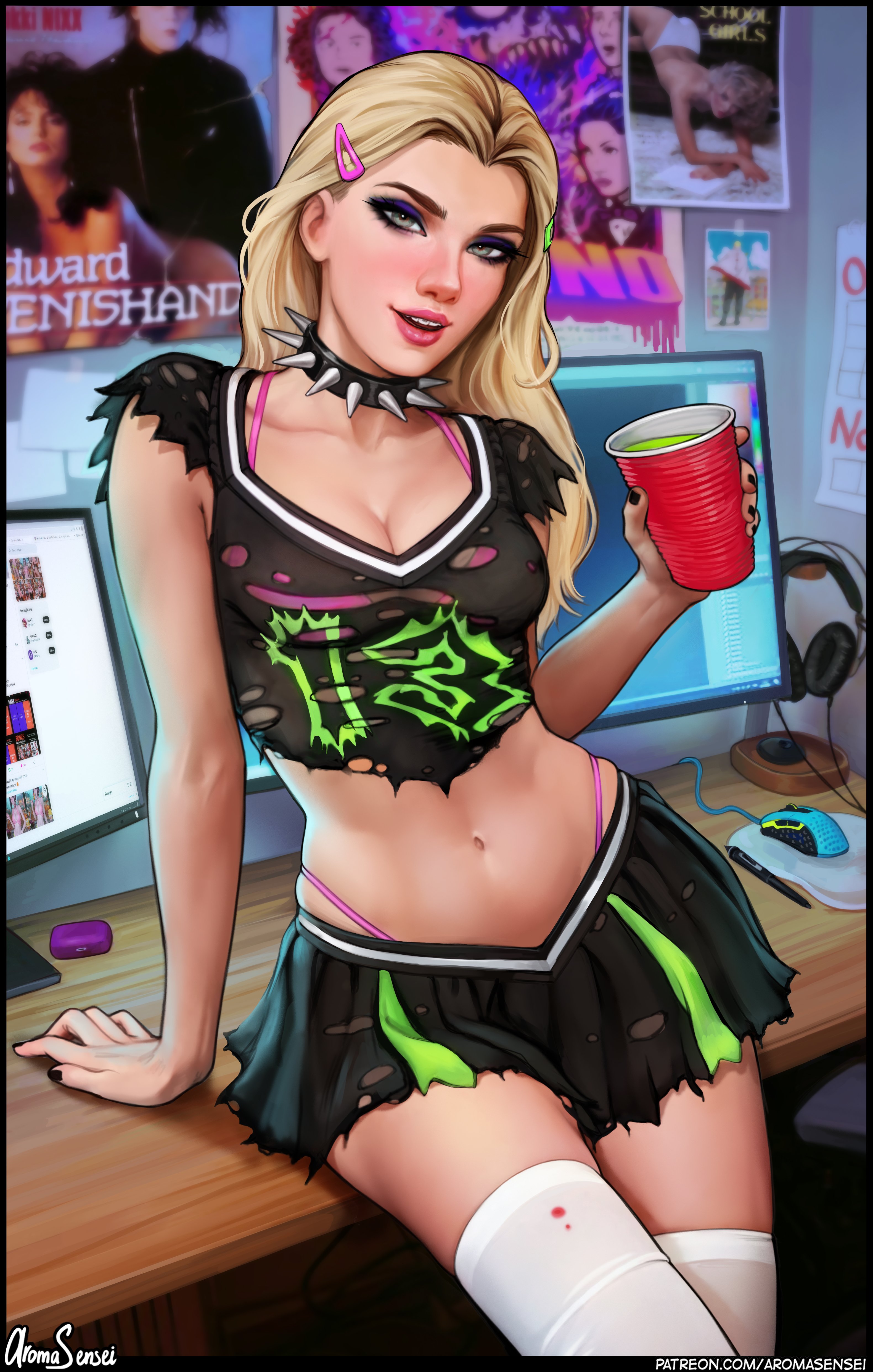 1futa, aroma sensei, aroma sensei (oc), blonde hair, blood, bra, bra straps, cheerleader, cheerleader uniform, choker, clothed, computer, computer mouse, computer screen, dickgirl, digital media (artwork), drink, drinking, futa only, futanari, grey eyes, hair clip, intersex, looking at viewer, nail polish, original, panties, parody, penis, penis under skirt, pleated skirt, poster, self portrait, sitting, sitting on table, skirt, solo, spiked collar, stockings, thighhighs, thong above skirt, thong straps, torn clothes, whale tail
