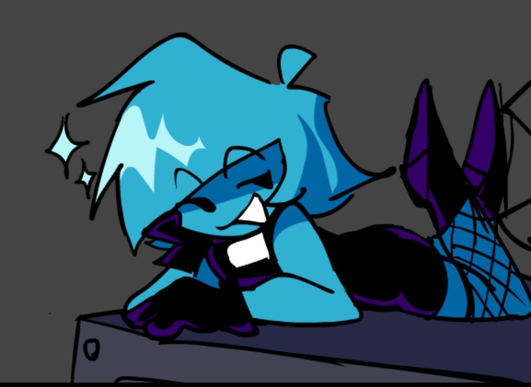 black gloves, black heels, blue skin, boyfriend (friday night funkin), eyebrows raised, femboy, fishnet legwear, fishnet stockings, fishnets, friday night funkin, friday night funkin (minus mod), gloves, heels, lying, male, male only, minus bf (blue) (iagoanims), mob face, roxo depressivo, smile, sparkle, speaker
