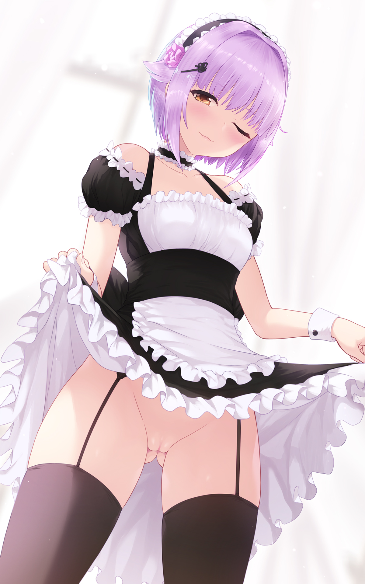 apron, black legwear, blush, cait, female, garter straps, idolmaster, koshimizu sachiko, maid, maid apron, maid headdress, purple hair, pussy, solo, standing, thighhighs, wink, wrist cuffs