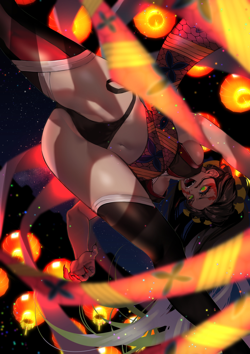 big breasts, black hair, black legwear, black panties, black thighhighs, breasts, daki (kimetsu no yaiba), demon, demon girl, demon slayer, detailed background, facial markings, fangs, female, female only, glowing, green eyes, hair ornament, kimetsu no yaiba, lantern, lingerie, long fingernails, long hair, low-angle view, obi, open mouth, panties, sharp fingernails, side-tie panties, smile, solo, thighhighs, underboob, zettai ryouiki