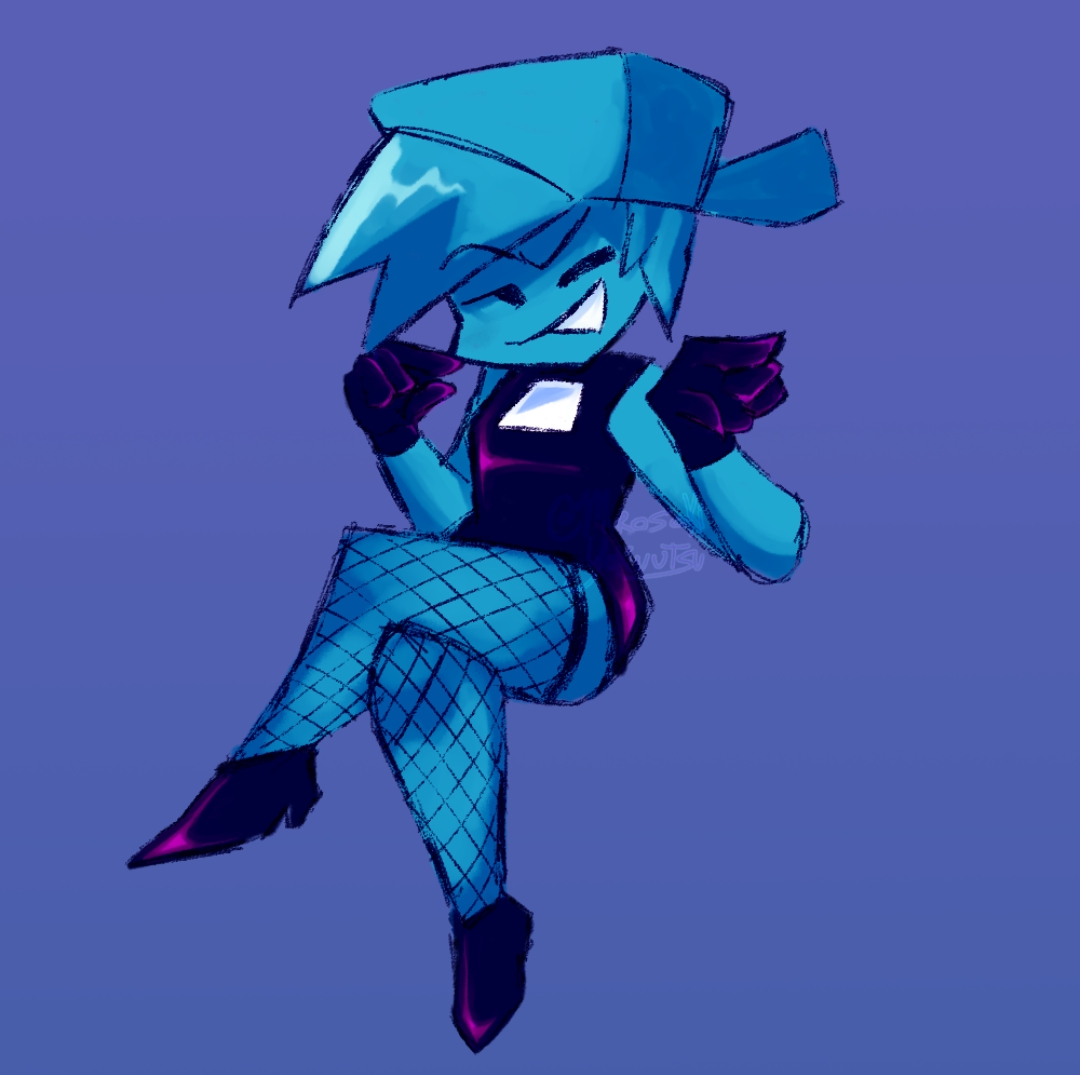 black gloves, black heels, blue skin, boyfriend (friday night funkin), femboy, fishnet legwear, fishnet stockings, fishnets, friday night funkin, friday night funkin (minus mod), hat, heels, male, male only, minus bf (blue) (iagoanims), mob face, roxo depressivo