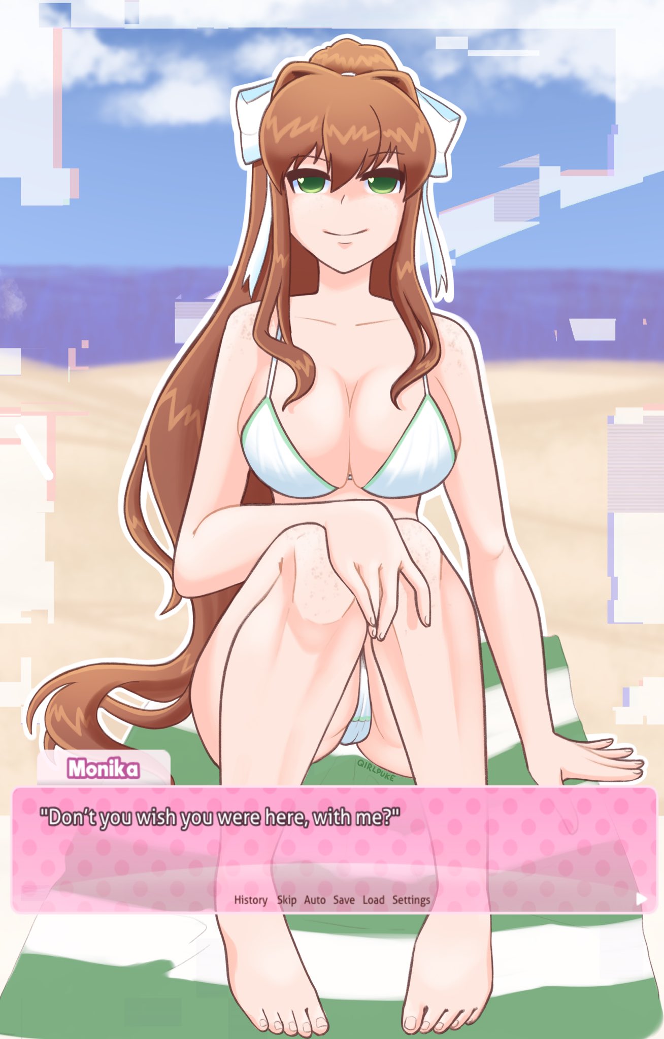 1girls, beach, bikini, bikini bottom, bikini top, breasts, brown hair, cameltoe, ddlc text box, doki doki literature club, female, green eyes, looking at viewer, medium breasts, monika (doki doki literature club), ponytail, pussy, qirlpuke, ribbon, smile, smiling, solo, talking to viewer, white bikini, white bikini bottom, white bikini top, white ribbon
