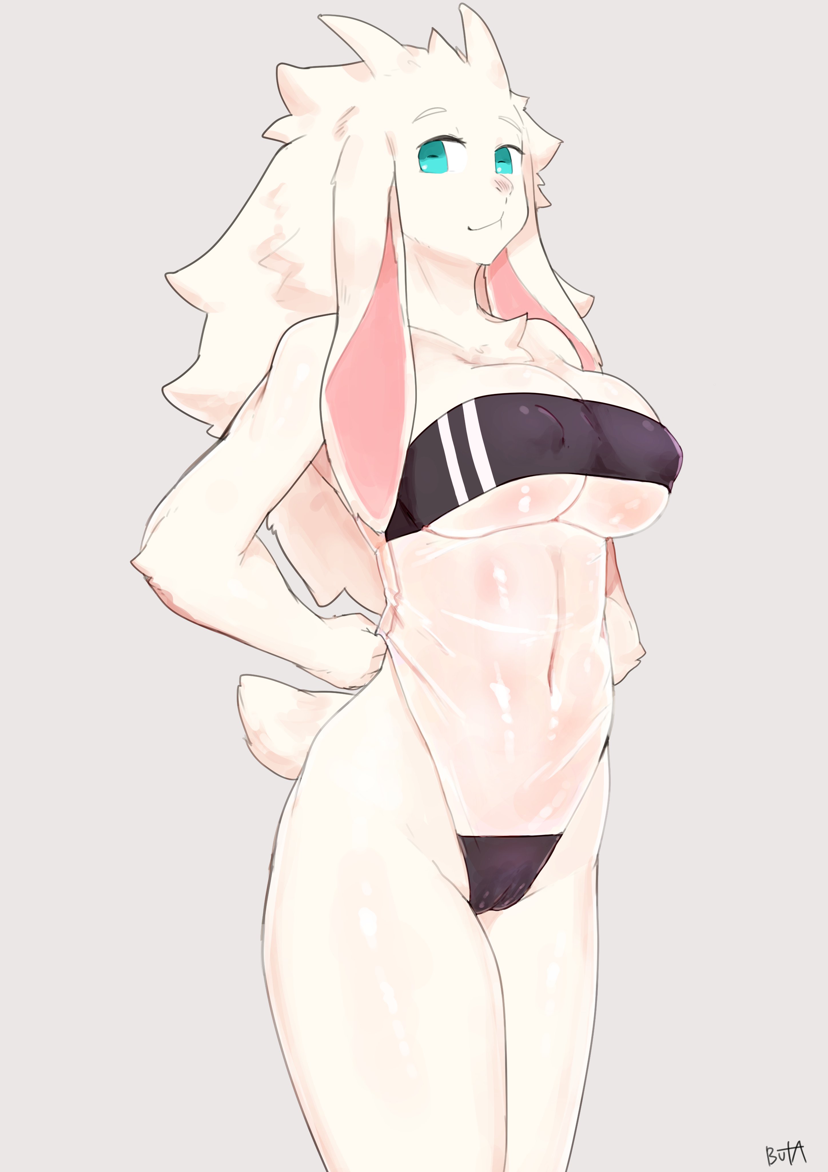 1girls, absurd res, anthro, aqua eyes, buta99, cameltoe, caprine, female, female only, fur, furry, furry only, grey background, gris swimsuit, horizontal pupils, horns, long ears, long hair, looking at viewer, nipple bulge, pussy, see-through swimsuit, sheep, sheep ears, sheep tail, short tail, solo, solo female, swimsuit, tail, vanilla (buta99), white fur, white hair