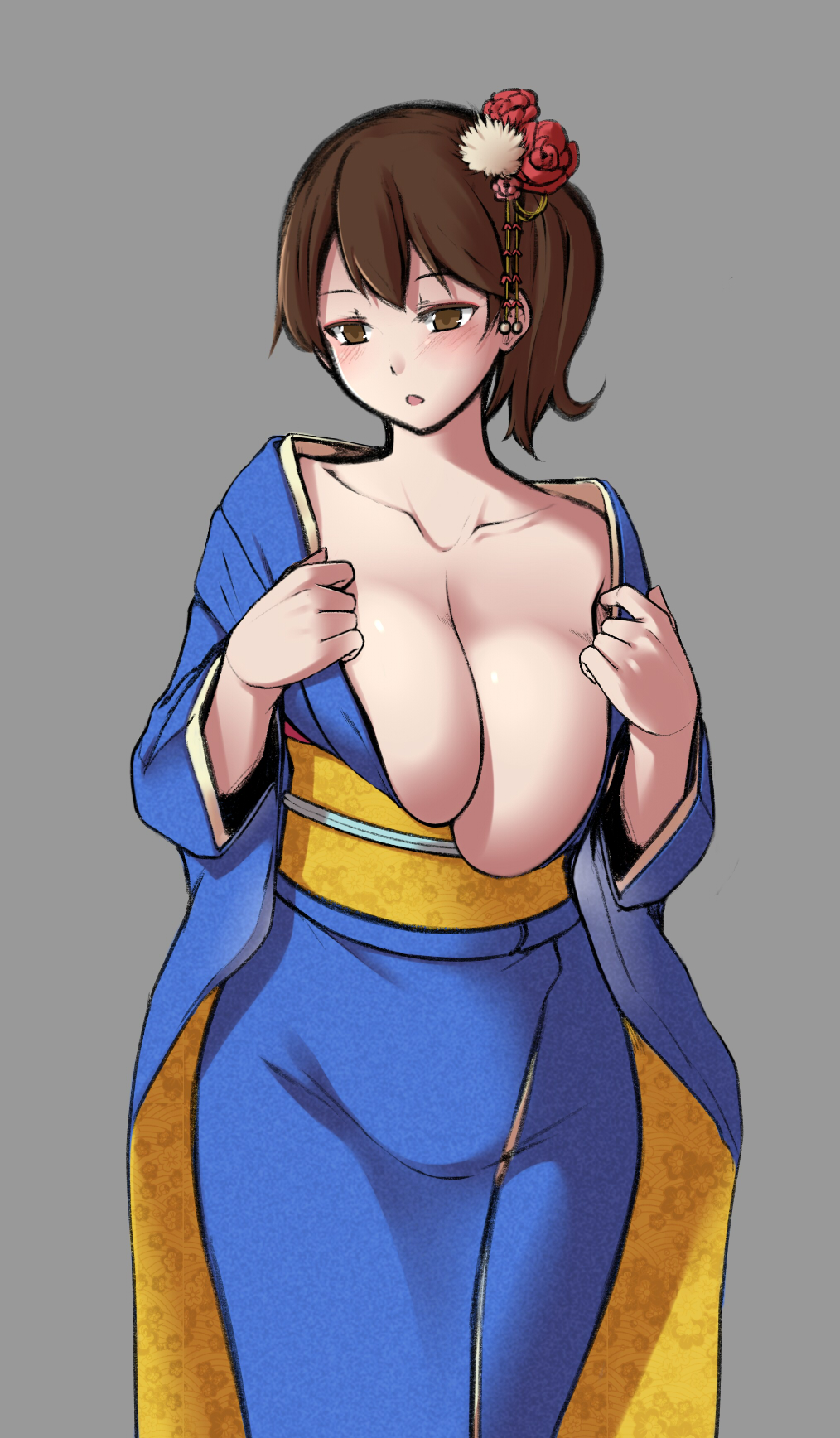 blue_kimono blush breasts brown_eyes brown_hair cleavage collarbone cowboy_shot eyebrows_visible_through_hair female flower grey_background hair_flower hair_ornament highres japanese_clothes jewelry kaga_(kantai_collection) kantai_collection kimono large_breasts long_sleeves looking_at_viewer obi sash side_ponytail simple_background solo yuki_to_hana