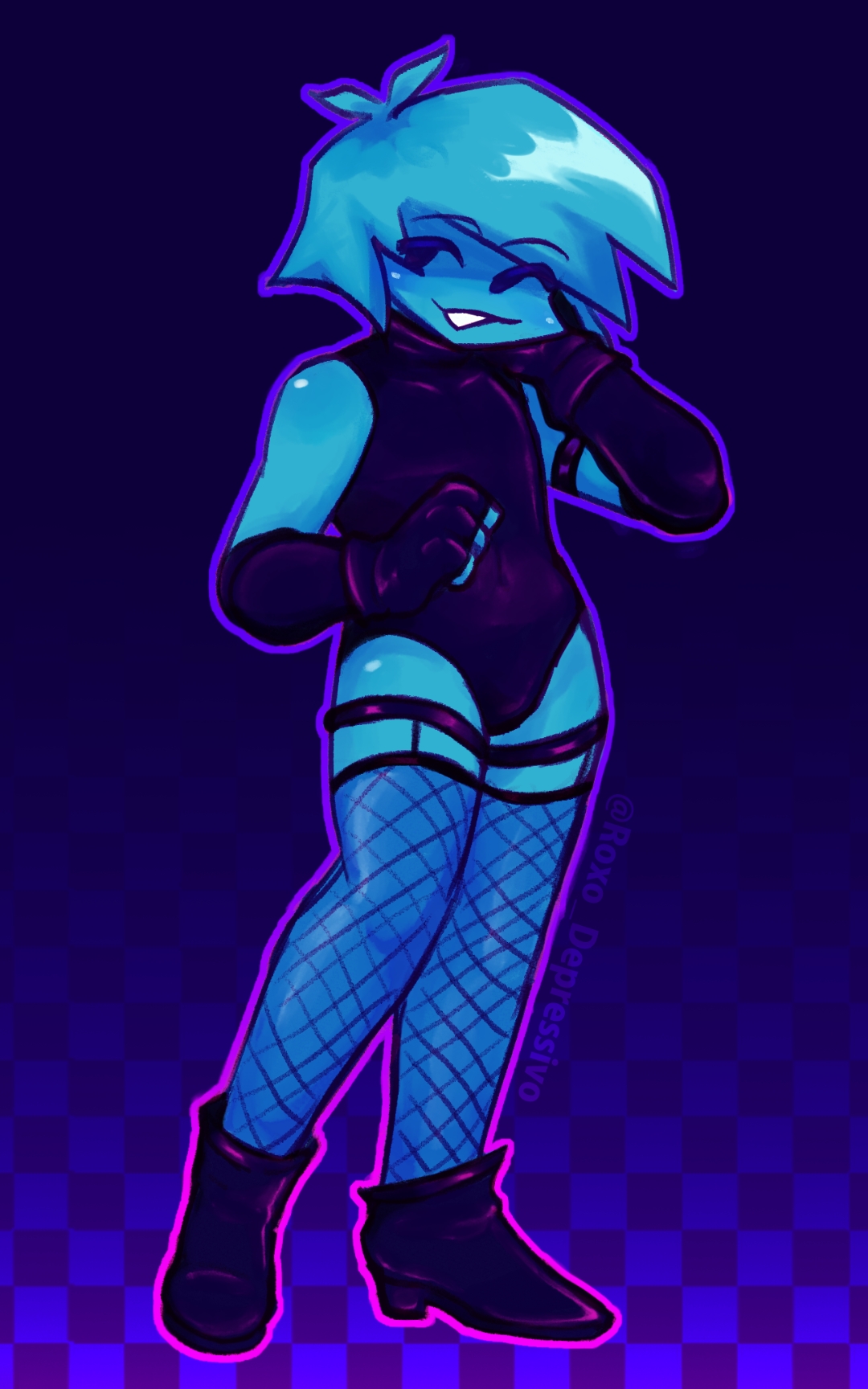 armwear, black gloves, black heels, blue skin, boyfriend (friday night funkin), bulge, femboy, fingerless gloves, fishnets, friday night funkin, friday night funkin (minus mod), gloves, heels, male, male only, minus bf (blue) (iagoanims), mob face, roxo depressivo