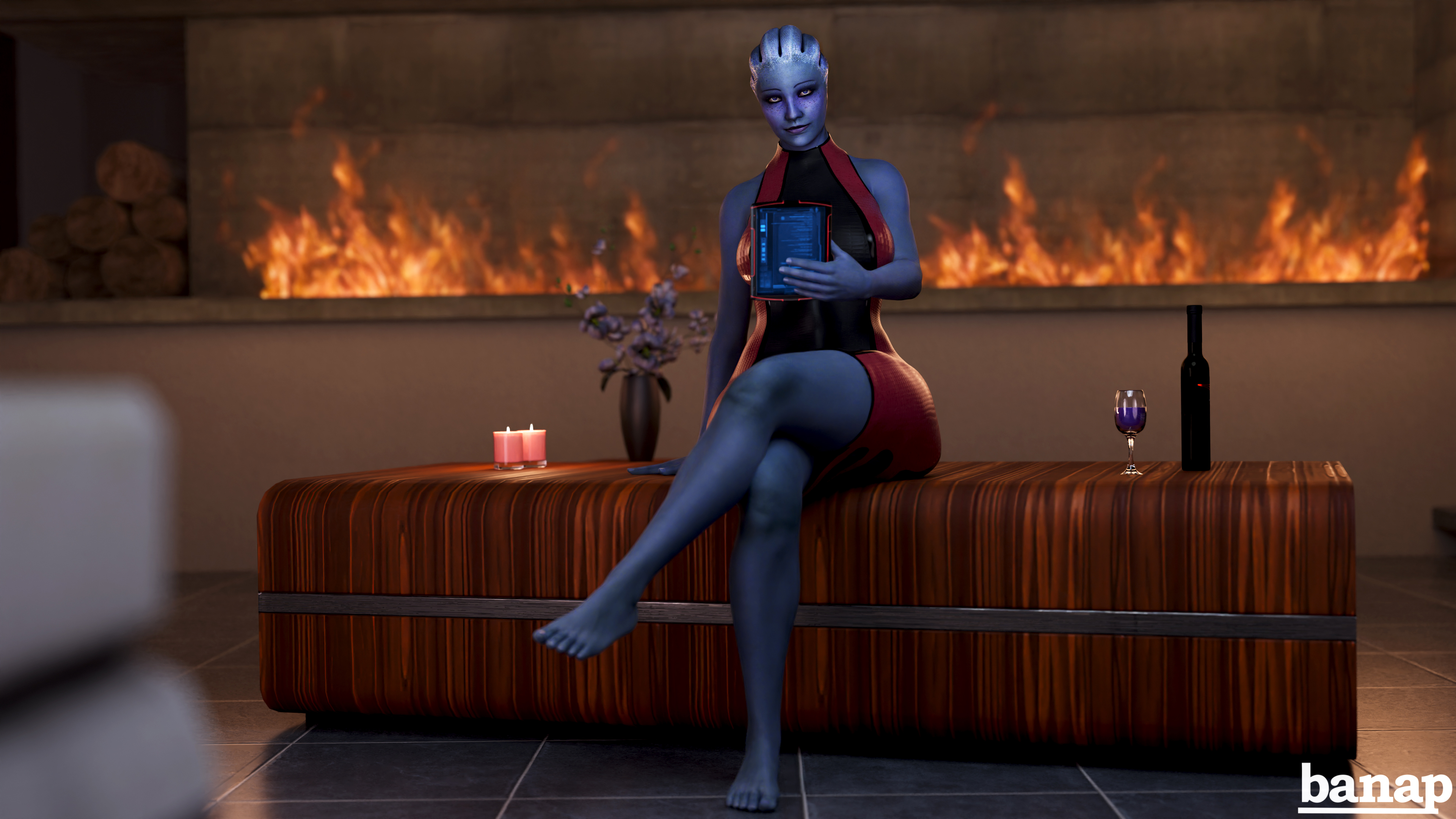1girls, 3d, 3d (artwork), asari, banap, barefoot, blender, blender (software), blue skin, crossed legs, dress, feet, female, female only, liara t'soni, mass effect, sitting, solo, toes