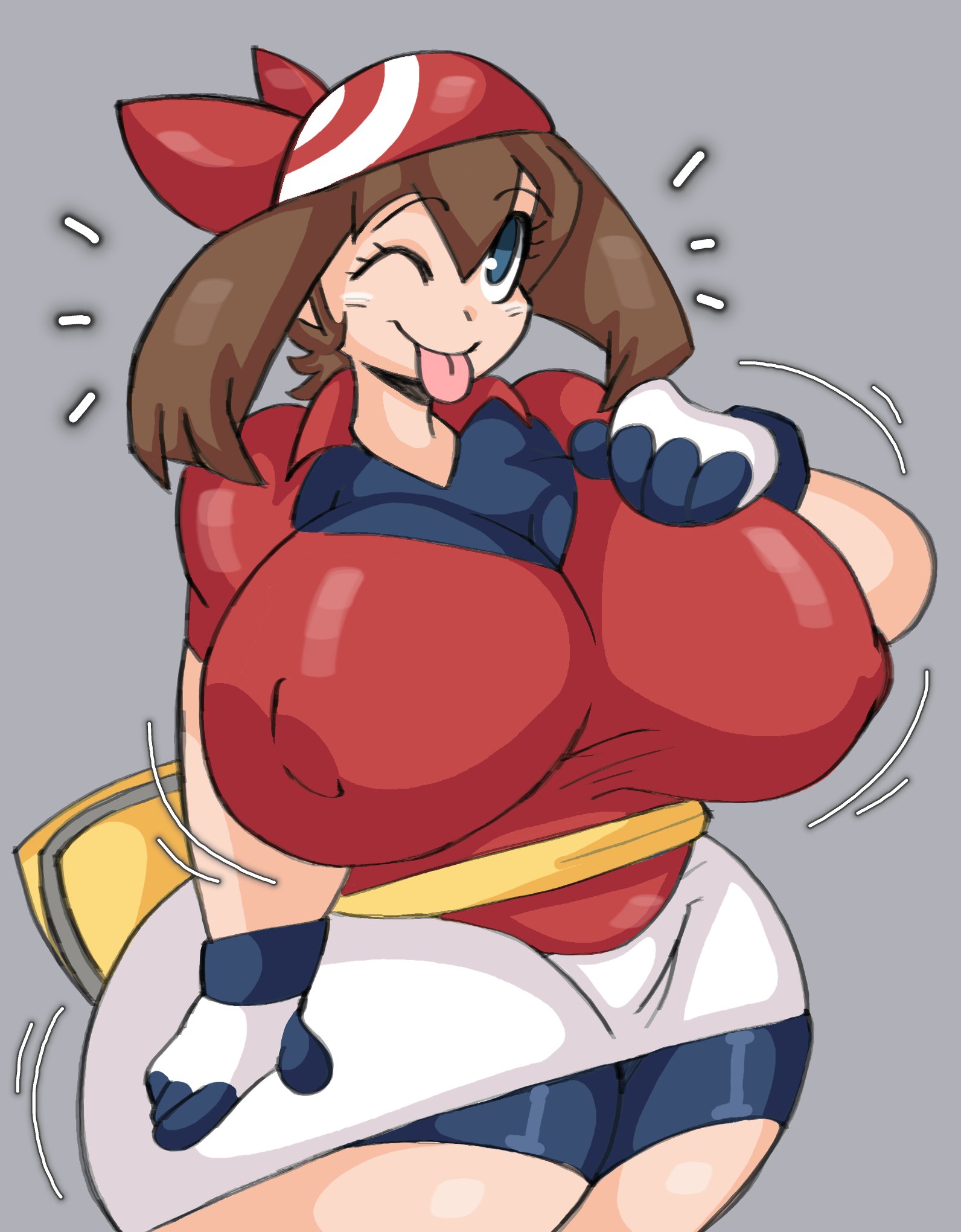 alternate breast size, big breasts, breasts, clothed, clothing, dork boi, female, huge breasts, lewd dorky, may (pokemon), nintendo, pokemon, solo, tagme, thick thighs, tongue, tongue out, wide hips