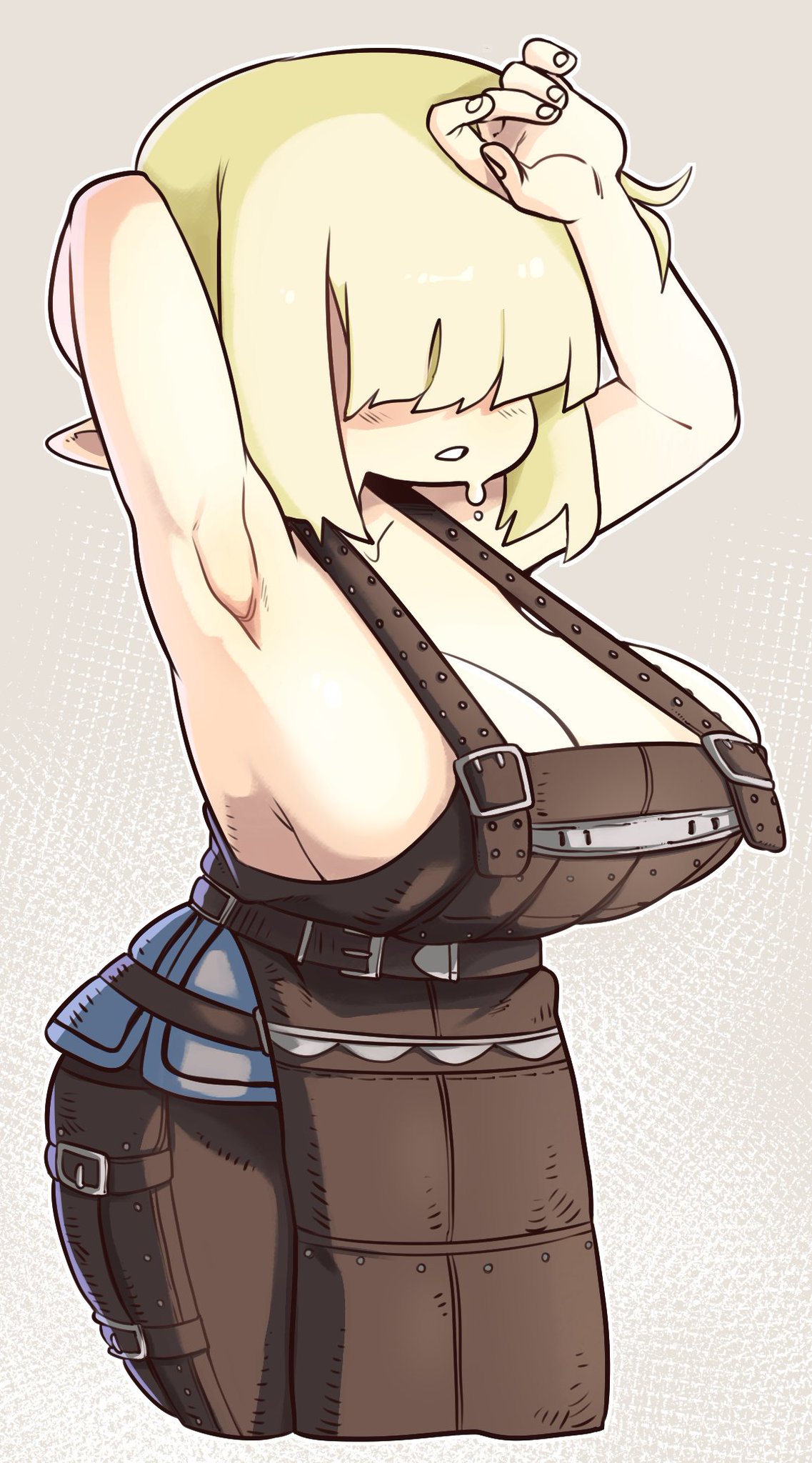 1girls, armpit, armpits, bangs, bangs over eyes, big breasts, blonde hair, breasts, female, female only, final fantasy, final fantasy xiv, hair over eyes, lalafell, large breasts, light skin, light-skinned female, nuclearwasabi, short hair, shortstack, solo, solo female, square enix, sweat, sweating, sweaty, tagme