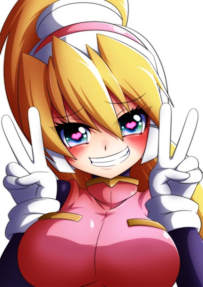 1girls big_breasts blonde_hair busty ciel_(mega_man) double_v grin headgear heart-shaped_pupils large_breasts looking_at_viewer mega_man mega_man_zero naughty_face peace_sign ponytail semikichi smile smiling_at_viewer v